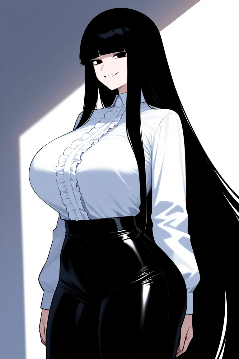 Masterpiece, best quality, (detailed background), high contrast, 1 girl, full body, (white background: 1.5), clean line drawings, black hair, open shirt, very long hair in bed, best quality, blush, roll your eyes, look at the audience, teacher, big seduction, busty body, 8K, open chest dress sexy