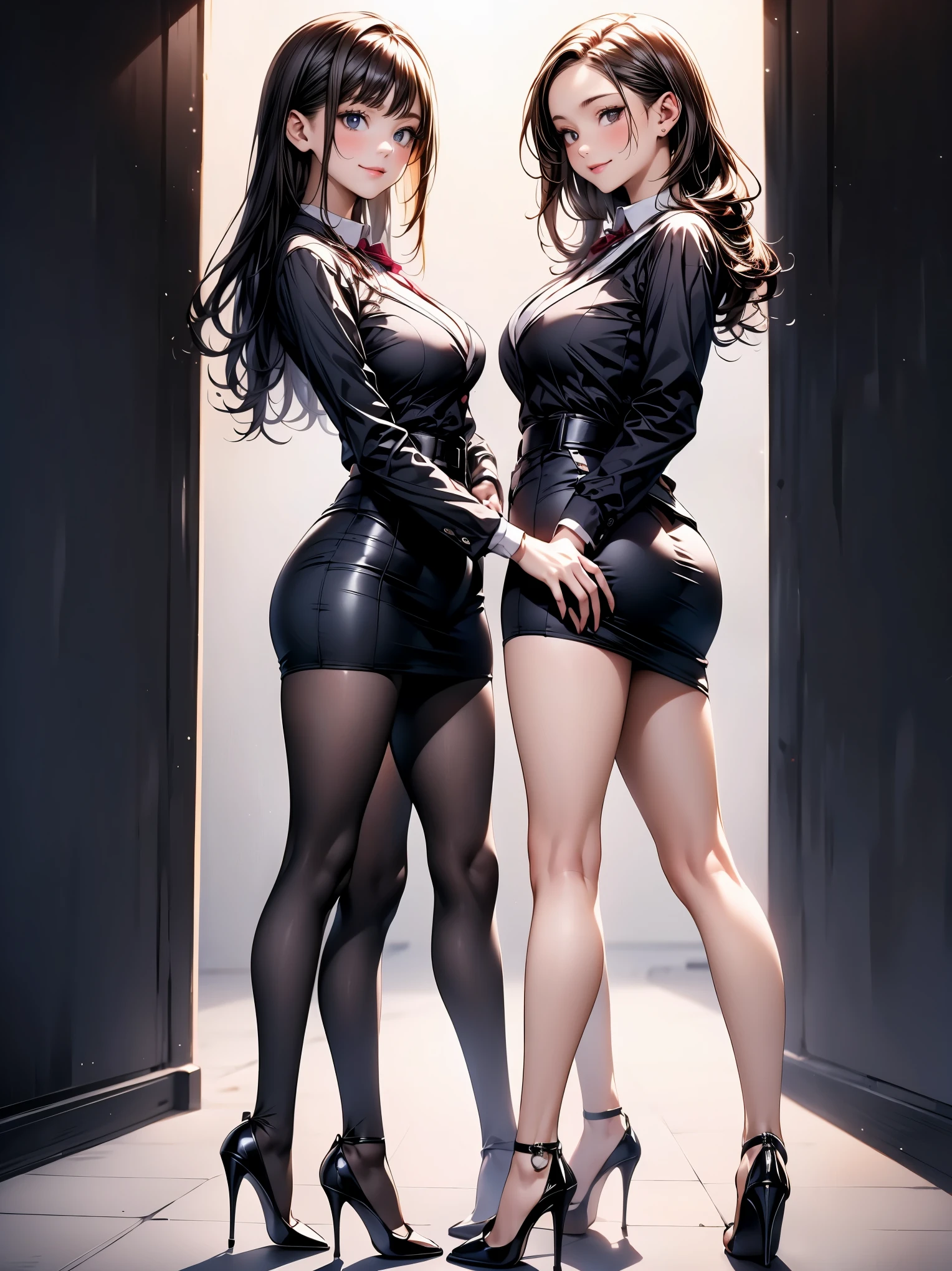 A girl with black hair and dark brown eyes, dark skin and a white shirt with a micro skirt and stirrup legwear