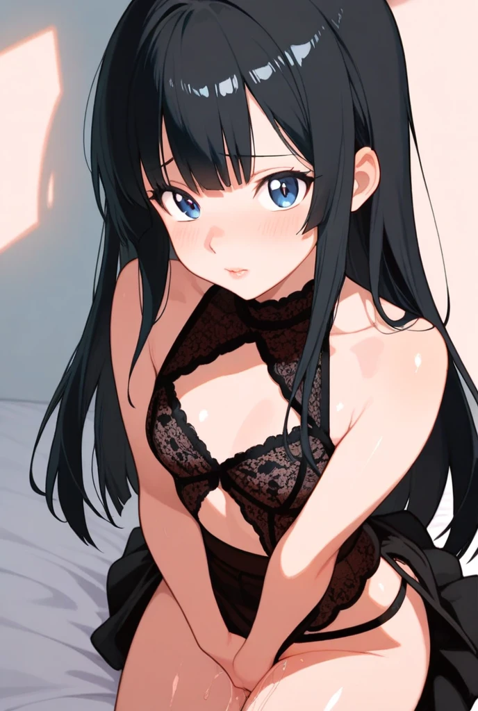 Hands behind back,Tied with hands behind back,lick,open mouth,tongue out,cum on tongue,1girl,((((())))),(((((Short,))))),slender,small breasts ,front face,from front,front view,looking at viewer, looking ahead,from above,cowboy shot,Black Hair,Long Hair,one side up,Gray Eyes,Drooping eyes,slit pupils,narrow eyes.Mischievous smile,Sheer black and light blue negligee,lingerie,Kneeling,Straight Stand,Collar with leash,Dimly lit room,On the bed,Simple Background,Gray background,Dim lighting,Beautiful and detailed anime art