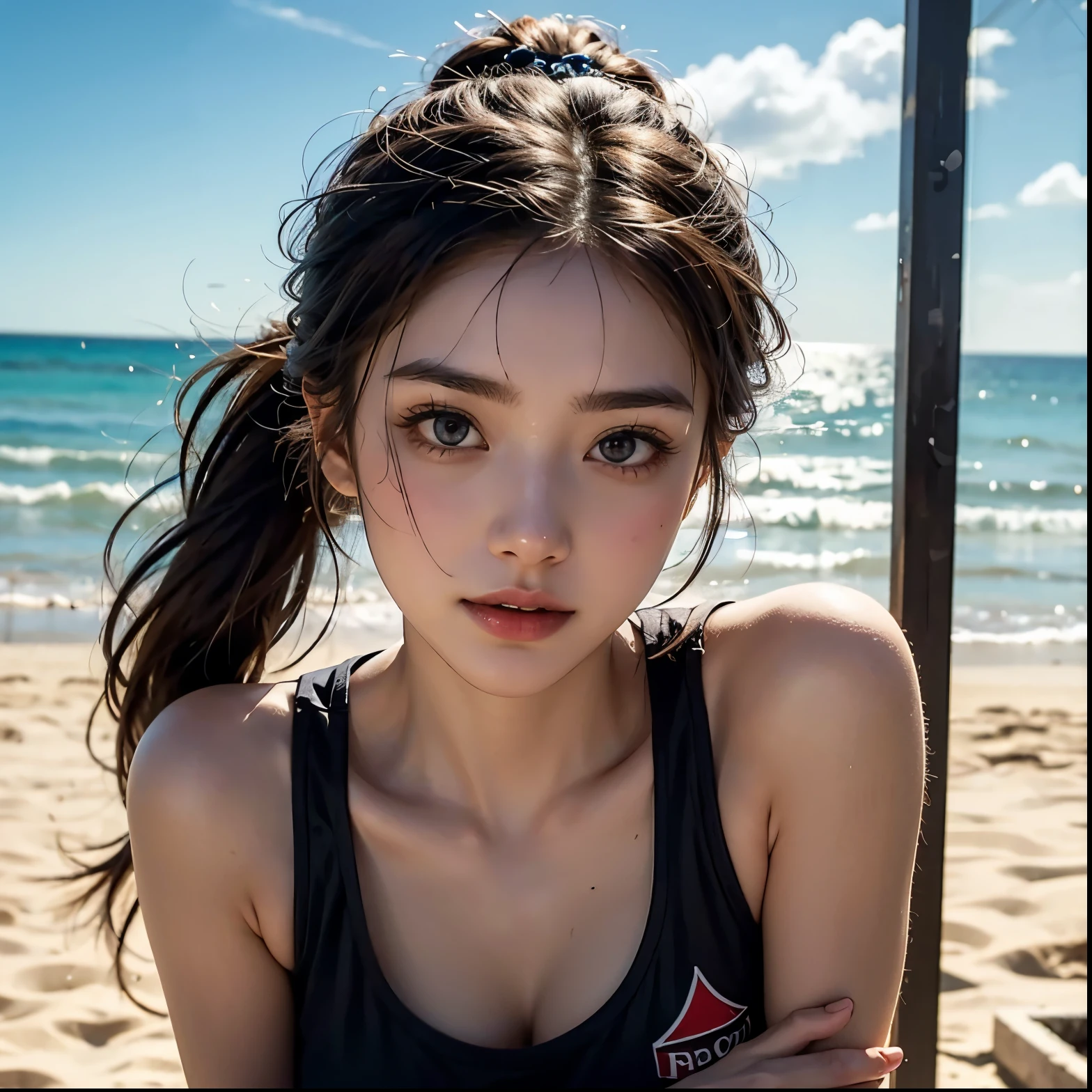 (Tabletop, Digital Art, Digital Illustration, 4K, 8k, Very detailed, Beautiful images, Clear images, Realistic, RAW Photos, Perfect Face, Perfect Lines, Perfect Eyes, Big eyes、Soft lighting) ,Flat Chest, blue eyes, amount, Black Hair, Long Hair, masterpiece, Highest quality, 1 girl, solo, Black Bikini, Halter Bikini, Beach, Mouth agape ,Sunburned skin, On all fours, (Buckshot:1.3),(String,Lie in, On the stomach),Sea side,