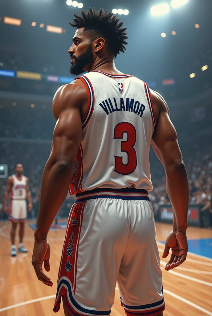 basketball player, called Miguel, with number 27, standing backwards, looking at the basket, in the NBA