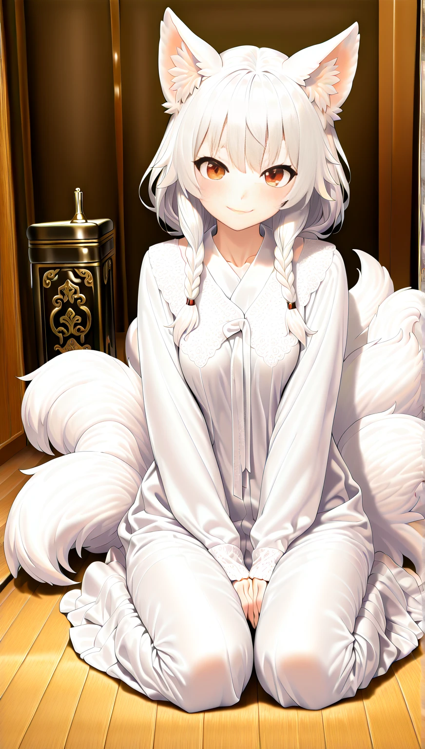 Professional, high-quality photos, 4K resolution, Realistically detailed image of an attractive girl in fluffy white pajamas with fox ears and a fox tail. She is sitting in the middle of a magical forest, Every element is perfectly expressed. The texture of pajamas, The ears and tail are sharp、palpable. The sunlight falls on the leaves、The girl&#39;s face is gently illuminated, Highlights delicate and attractive facial expressions  