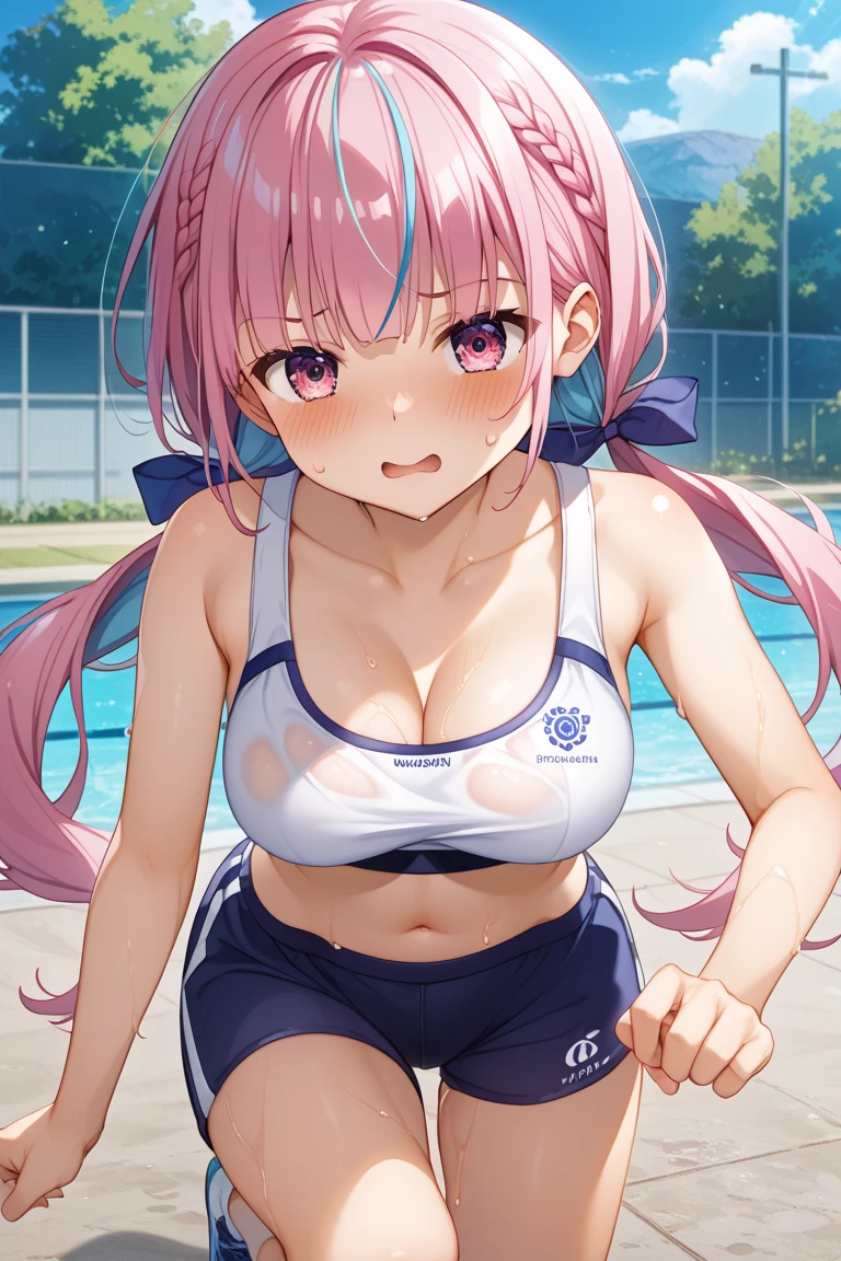 mastute piece,Best Quality,insanely detailed,8k cg,nsfw,
(shoot upper body:1.3),
(1girls:1.3),standing,looking at viewr,body in front,(arms behind back:1.4),(beach volleyball costume:1.4),(bare breasts),break,
blush,shy,(ecstasy face),(trembling:1.2),break,(light pink hair:1.2),
break,
perfect breasts,perfect teats,(open mouth:0.9),(large breasts:1.2),
(beach:1.1),beach volleyball court,