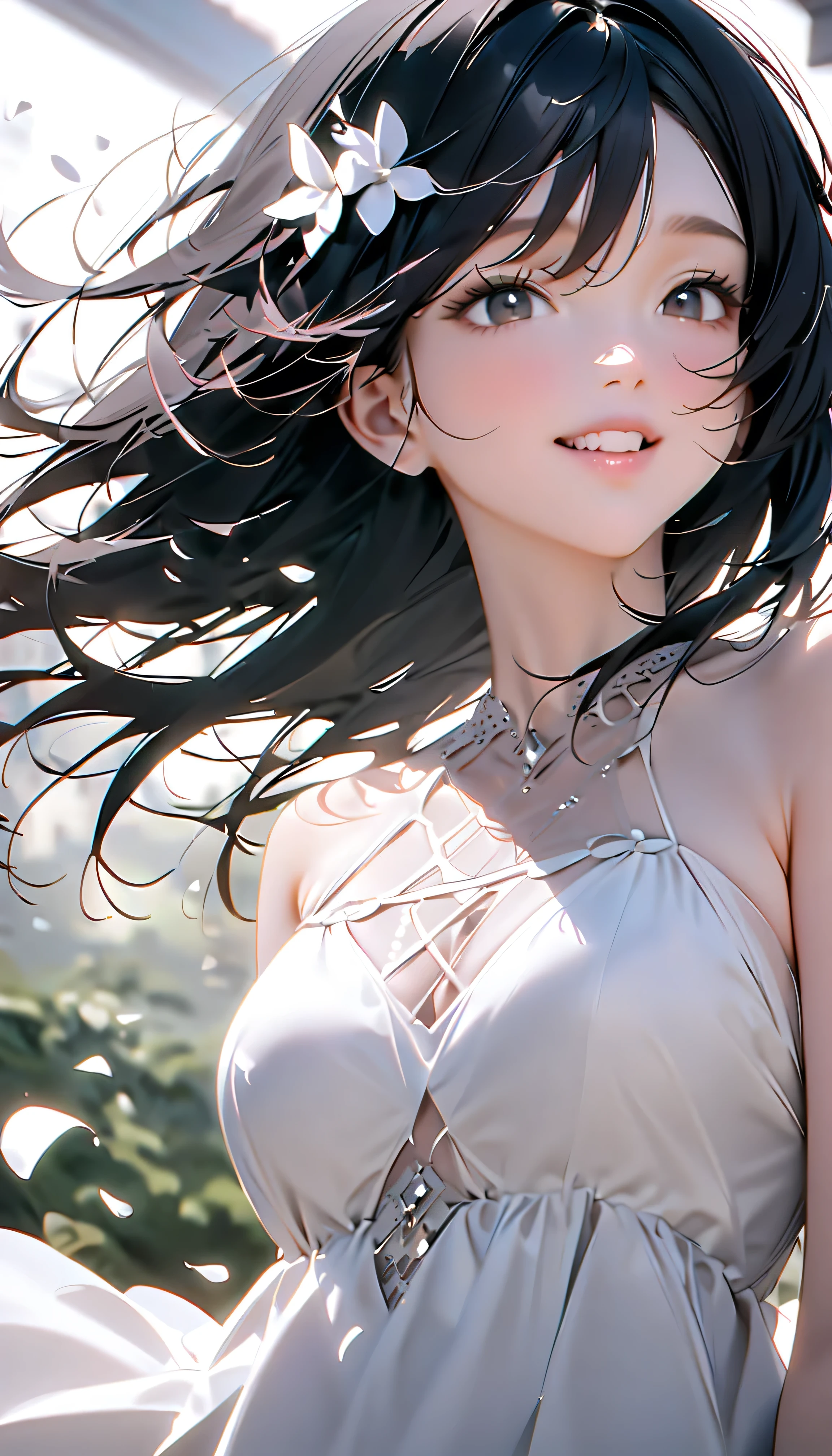 (Highest Quality:1.2, 非常にdetailsな, newest, Highest Quality, Best Aesthetics), 8K Ultra HD, 非常にdetailsな, details, Bold composition, (perfect human structure), beautiful and very delicate texture, (energetic, Digital Coloring, high contrast, masterpiece:1.2, Highest Quality, Best Aesthetics, wind), (white petals dance:1.2, ファンタジーのwind景:1.4), white petal background, delicate and dynamic, fantastic, Romantic and sweet style, コンセプトアートwind, Blessed Virgin Mary white dress, bright light, Beautiful World, New World, そよwindで舞う, accurate, dynamic angle, angel, 1 woman, upper body shot, black hair, young, textured skin, shiny skin, charming smile, Girl Beauty , Miraculous Beauty Symbol, (((White Flower Hair Accessory, white flower dress :1.2))), 2.5d, realistic