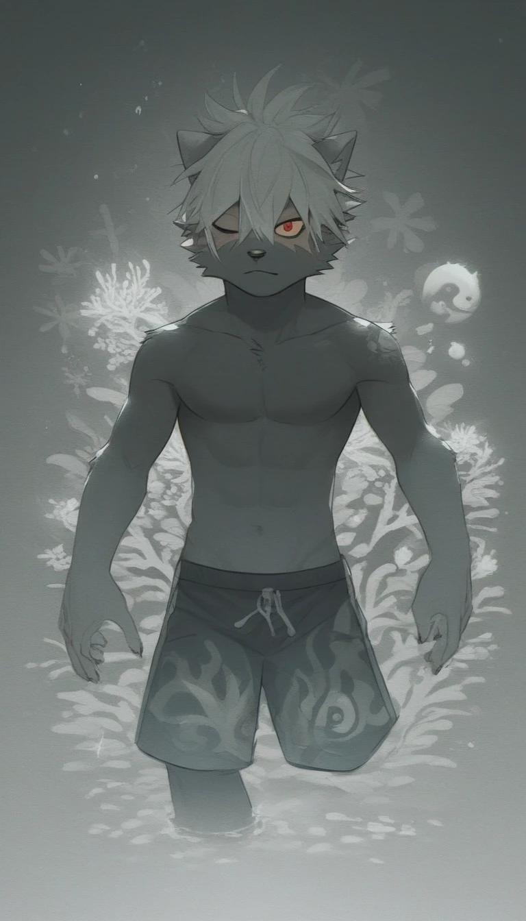 หมาforest,(Body color: gray:1.8),(The body color is white.:1.3),(gray-black hair:1),(forest:1.2),population,(dark blue eyes:1.3),(blue ears 1.8), 1 boy,(stand)