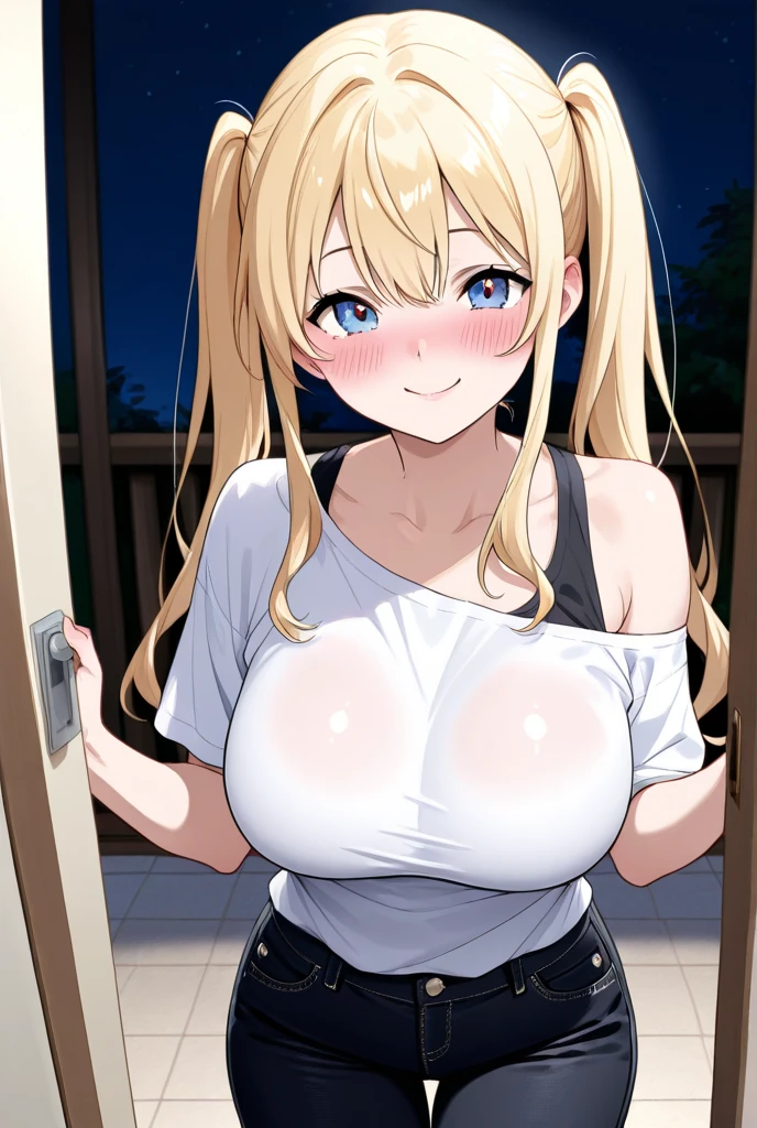 Very detailed、Highest quality、Best image quality、masterpiece、8k、(shoulder-length blonde hair、Medium Long Hair)、(smile、Open Mouth) 、(Hilarious)、(Big eyes)、(Beautiful and shining eyes)、(Detailed anime eyes)、(Puffy eyes)、(Big Breasts:1.5、topless:1.5、only breasts are in full view :1.5、bare breasts:1.5 、bare nipples:1.5、 thick nipples、erection of nipple、pepperoni nipple、necklace)、((SFW Huge Body))、Cowboy Shot、(highleg panties:2.0、Calvin Klein T-back、ckundies)