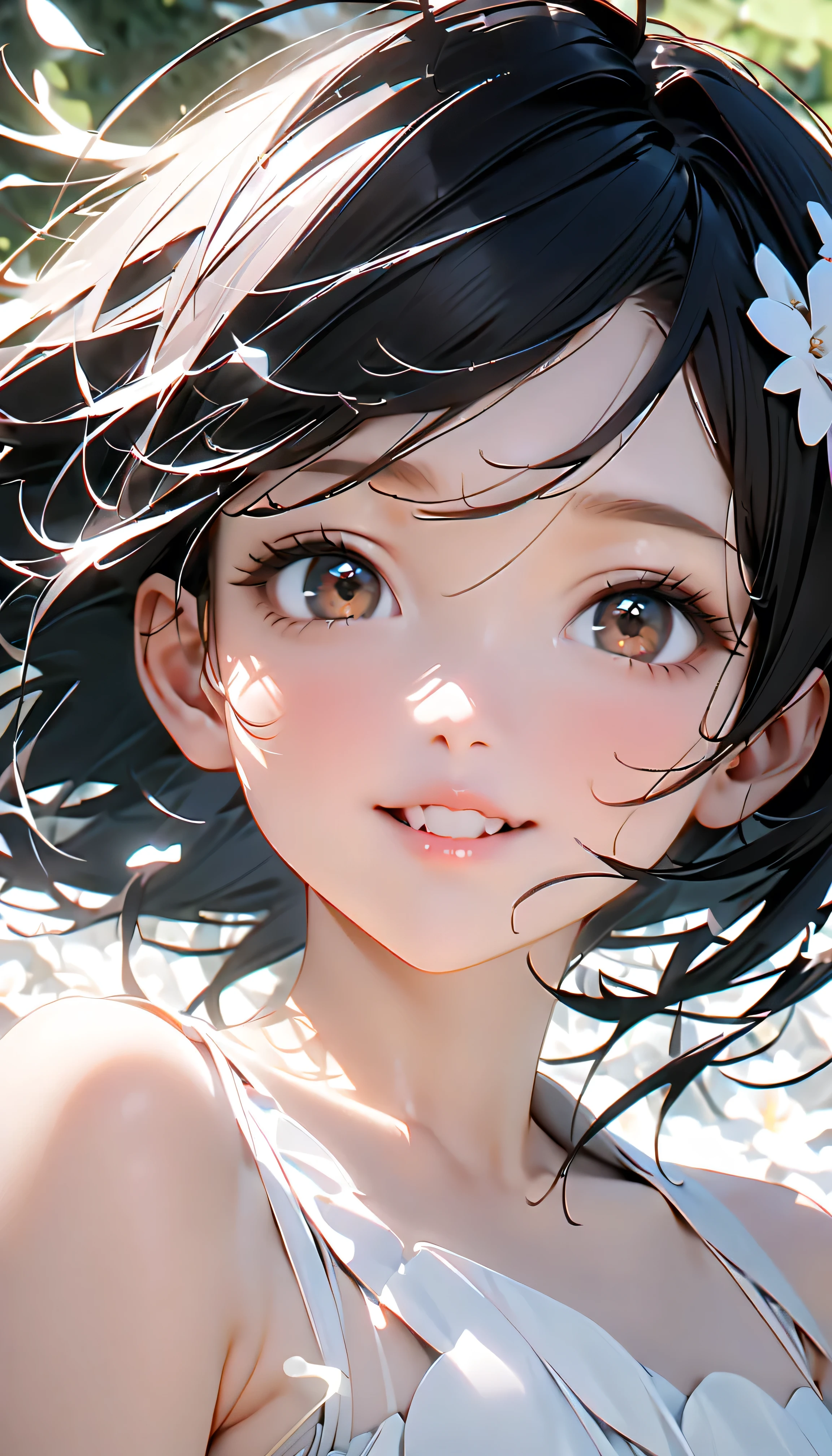 (Highest Quality:1.2, 非常にdetailsな, newest, Highest Quality, Best Aesthetics), 8K Ultra HD, 非常にdetailsな, details, Bold composition, (perfect human structure), beautiful and very delicate texture, (energetic, Digital Coloring, high contrast, masterpiece:1.2, Highest Quality, Best Aesthetics, wind), (white petals dance:1.2, ファンタジーのwind景:1.4), white petal background, delicate and dynamic, fantastic, Romantic and sweet style, コンセプトアートwind, Blessed Virgin Mary white dress, bright light, Beautiful World, New World, そよwindで舞う, accurate, dynamic angle, angel, 1 woman, upper body shot, black hair, young, textured skin, shiny skin, charming smile, Girl Beauty , Miraculous Beauty Symbol, (((White Flower Hair Accessory, white flower dress :1.2))), 2.5d, realistic