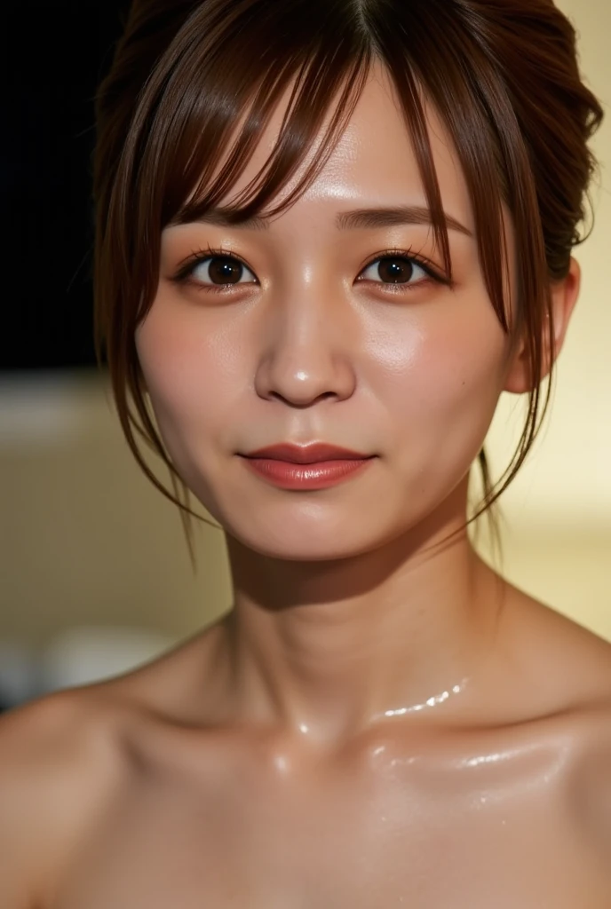 High resolution, high resolution, Attention to detail, masterpiece, Rough skin, Anatomically correct, sharp, Background the audience is looking at, Hypnosis Show, ((Japanese, 30 years old)), alone, Beautiful female announcer, Shapely large breasts, ponytail, bangs,Slim figure, ((((Stand upright, Look straight up, Close ~ eyes, sleep, Unconscious、A little bit of cleavage is visible、Mouth slightly open)))), , ((naked:1.37)), ((Full body photo, From the front))、nsfw