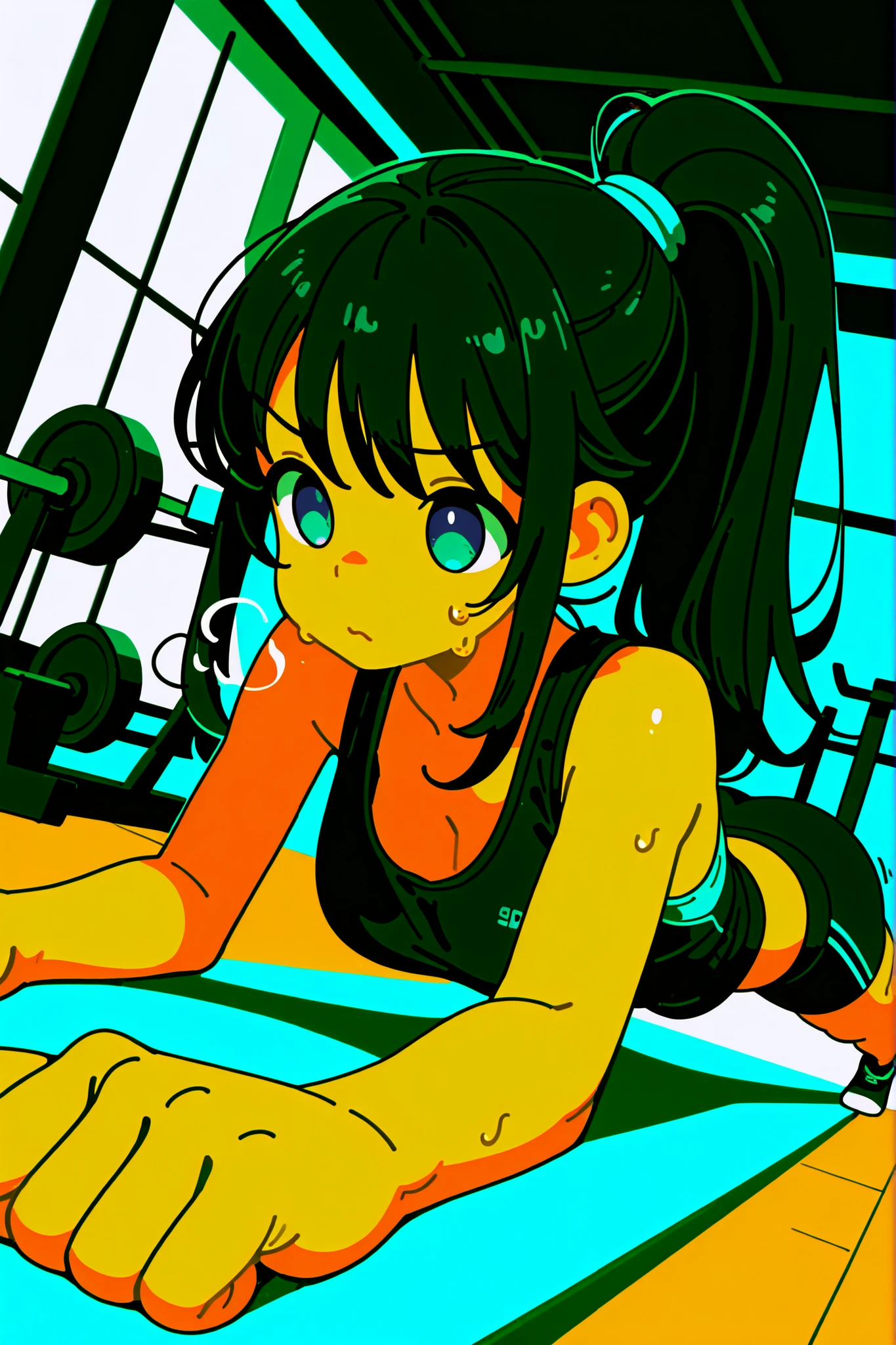 Dutch Angle , (very well detailed:1 . 3) 、8k, Highest Quality,1 girl,solo,black hair、blue eyes、ponytail、sports gym,heavy breathing with cat and p, ,tank top,long hair,sweat, masterpiece, Highest Quality, とても美的, Push ups, Chest、Strength Training