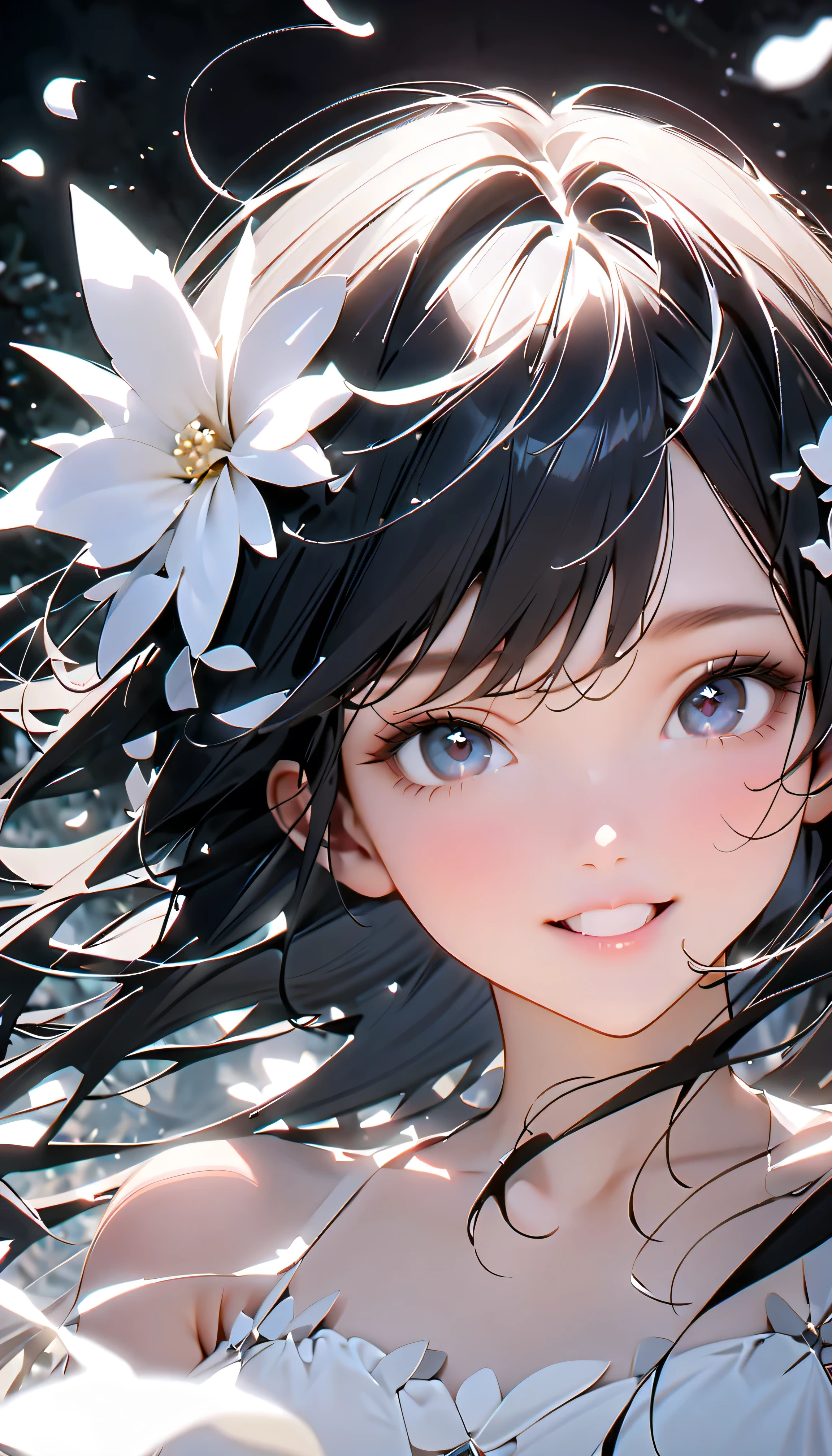 (Highest Quality:1.2, 非常にdetailsな, newest, Highest Quality, Best Aesthetics), 8K Ultra HD, 非常にdetailsな, details, Bold composition, (perfect human structure), beautiful and very delicate texture, (energetic, Digital Coloring, high contrast, masterpiece:1.2, Highest Quality, Best Aesthetics, wind), (white petals dance:1.2, ファンタジーのwind景:1.4), white petal background, delicate and dynamic, fantastic, Romantic and sweet style, コンセプトアートwind, Blessed Virgin Mary white dress, bright light, Beautiful World, New World, そよwindで舞う, accurate, dynamic angle, angel, 1 woman, upper body shot, black hair, young, textured skin, shiny skin, charming smile, Girl Beauty , Miraculous Beauty Symbol, (((White Flower Hair Accessory, white flower dress :1.2))), 2.5d, realistic