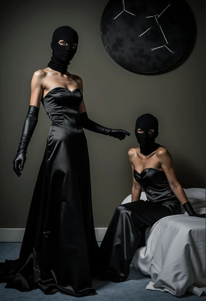 two girl playing bondage game,(bright lighting,romantic setting),dreamy background,bondage,dark hair, mesmerizing gaze, , soft skin, alluring beauty, artistic portrait, high-quality image, vibrant colors, long silk gown, bed,tape bondage,tape gag, mosquito net,blindfold