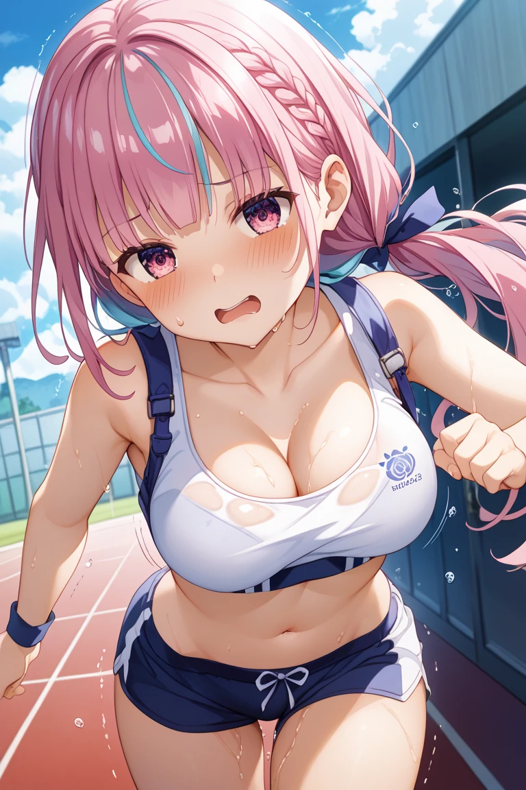 mastute piece,Best Quality,insanely detailed,8k cg,
shoot upper body,
1woman,18age,standing,body in front,looking at viewer,(blue-baton-twirling-costume,mini-skirt),break,
blush,shy,(trembling:1.2),pink hair,break,open mouth,large breast,outdoor sports field,