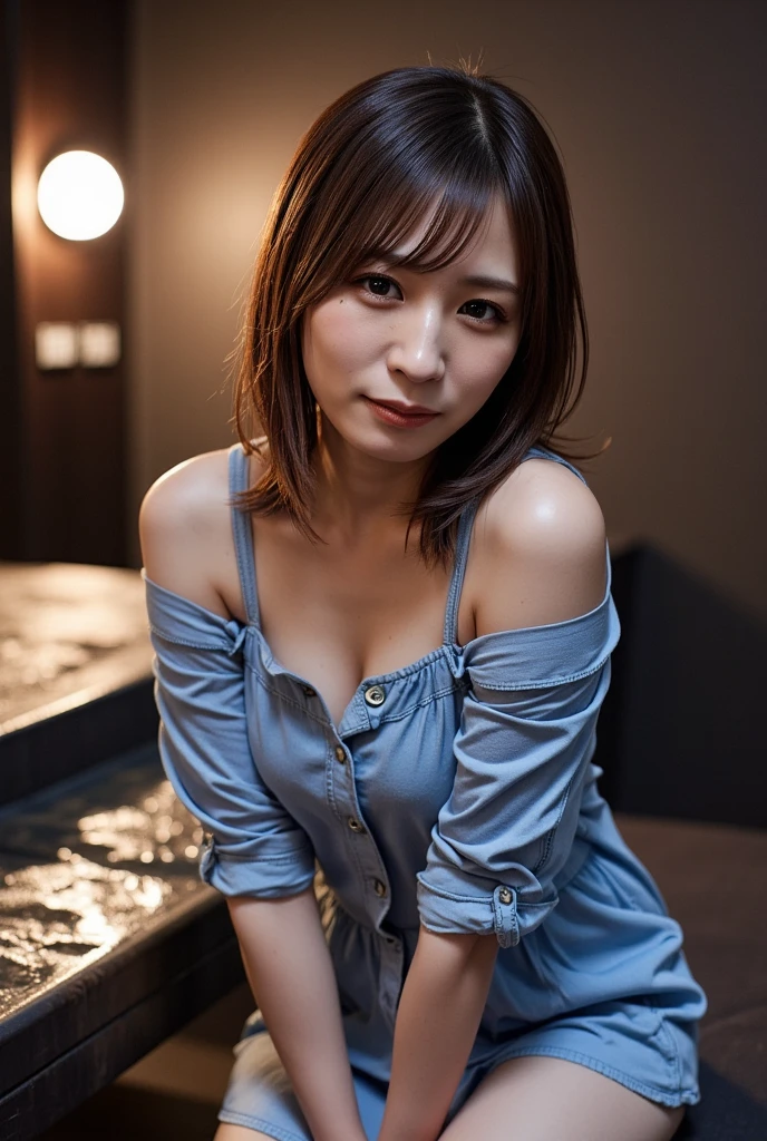A view from the front of the entrance of a Japanese restaurant。colorful neon。You can see the whole body of a young woman sitting on the floor of the entrance wearing an undergarment.。cleavage。meaty thighs。Make your face realistic。baby face。Japanese clothing。An old woman has leather shoes and footwear at the entrance.。