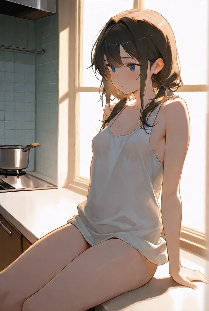 Calidad superior, obra maestra, 1 chica mayor de edad, fubuki, naked small apron, Hermoso rostro, (imagen fotorrealista:1.3), edge lighting, (piel con alto detalle:1.2), 8k UHD, digital slr camera, alta calidad, high resolution, 4k, 8k, bokeh, absurdo, Best ratio four fingers and one thumb, (real:1.3), small face, linda chica, wink, coqueteo, small breast, skinny body, ( facing Viewer), cocina