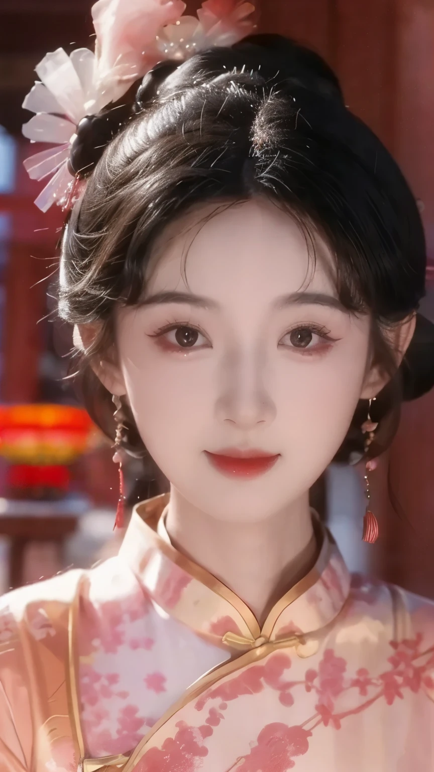 1 beautiful girl,best quality,(painting:1.5),Chest,torii,,depth of field, detailed face ,facial focus,ribbon_trim,(watching the audience:1.25),Smile,Thick lips,Real People,cheongsam
