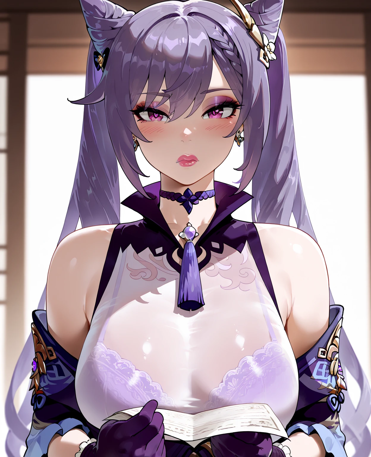 Realistic, 2girl, blue hair, red eyes, glowing eyes, cut top, skirt, parted lips, blush, night, flowers, sun, sunlight, big breasts, Turquoise route Saint Luc, Japanese goddess