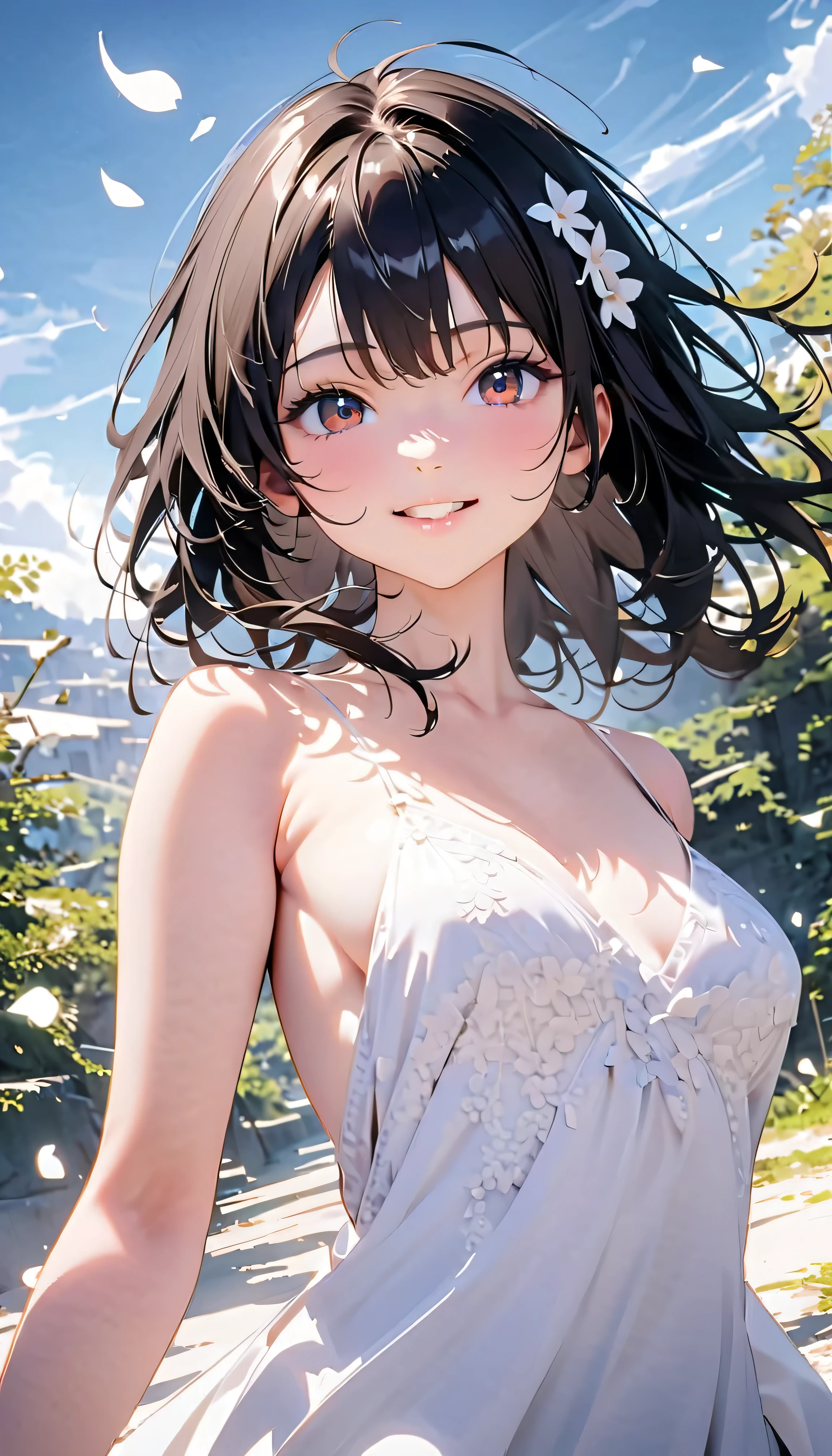 (Highest Quality:1.2, 非常にdetailsな, newest, Highest Quality, Best Aesthetics), 8K Ultra HD, 非常にdetailsな, details, Bold composition, (perfect human structure), beautiful and very delicate texture, (energetic, Digital Coloring, high contrast, masterpiece:1.2, Highest Quality, Best Aesthetics, wind), (white petals dance:1.2, ファンタジーのwind景:1.4), white petal background, delicate and dynamic, fantastic, Romantic and sweet style, コンセプトアートwind, Blessed Virgin Mary white dress, bright light, Beautiful World, New World, そよwindで舞う, accurate, dynamic angle, angel, 1 woman, upper body shot, black hair, young, textured skin, shiny skin, charming smile, Girl Beauty , Miraculous Beauty Symbol, (((White Flower Hair Accessory, white flower dress :1.2))), 2.5d, realistic