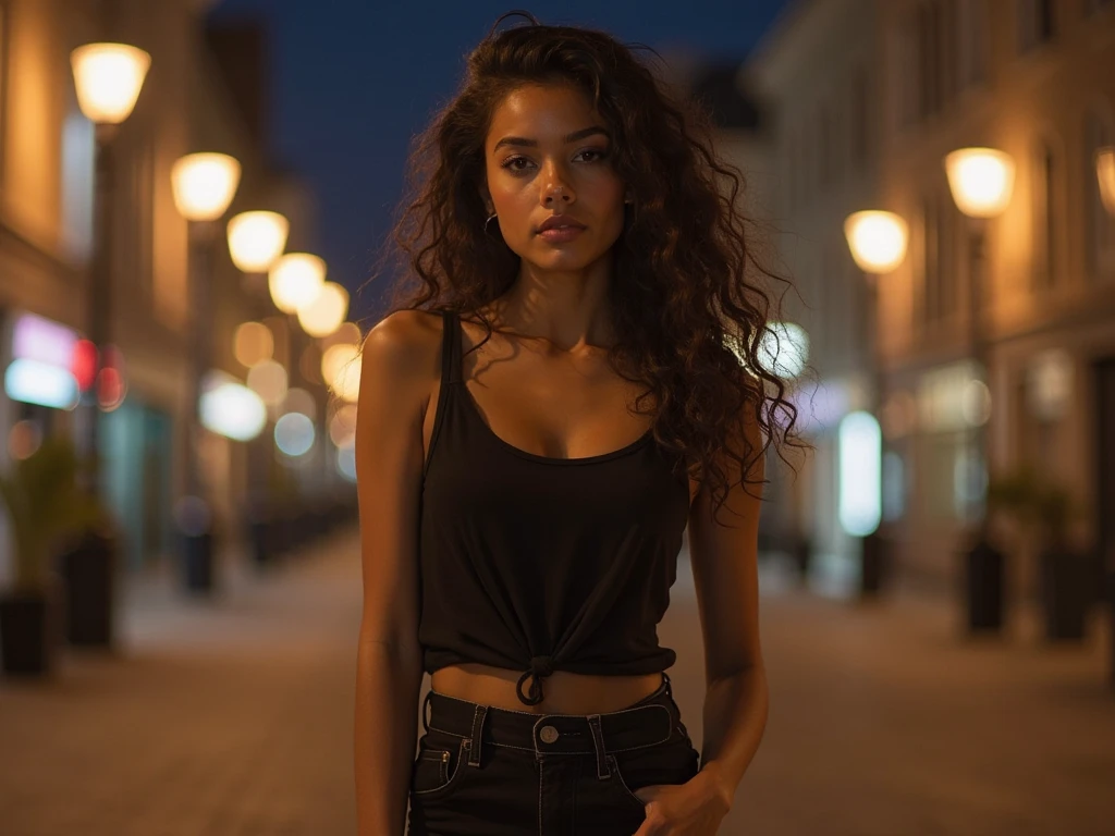 portrait 1.4), (moitié droite du corps: 1.4), Photo portrait RAW UHD d'un mannequin afro-américain de 24 ans (femme aux yeux marrons) marcher dans la rue, jardin (jupe), (encolure), Détails (textures! , cheveux! , couleur!! , désavantages: 1.1), yeux brillants avec beaucoup de détails (En regardant la caméra), Éclairage reflex, Appareil photo reflex, ultra-qualité, acuité, profondeur de champ, grain de film (centre), Fujifilm XT3, clair comme de l'eau de roche, frame centre, beau visage, netteté, lampadaire, Éclairage au néon, bokeh (faiblement éclairé), nuit, (nuit sky), pores de peau détaillés, la peau grasse, coup de soleil, complex eye Détails, Tout le corps,