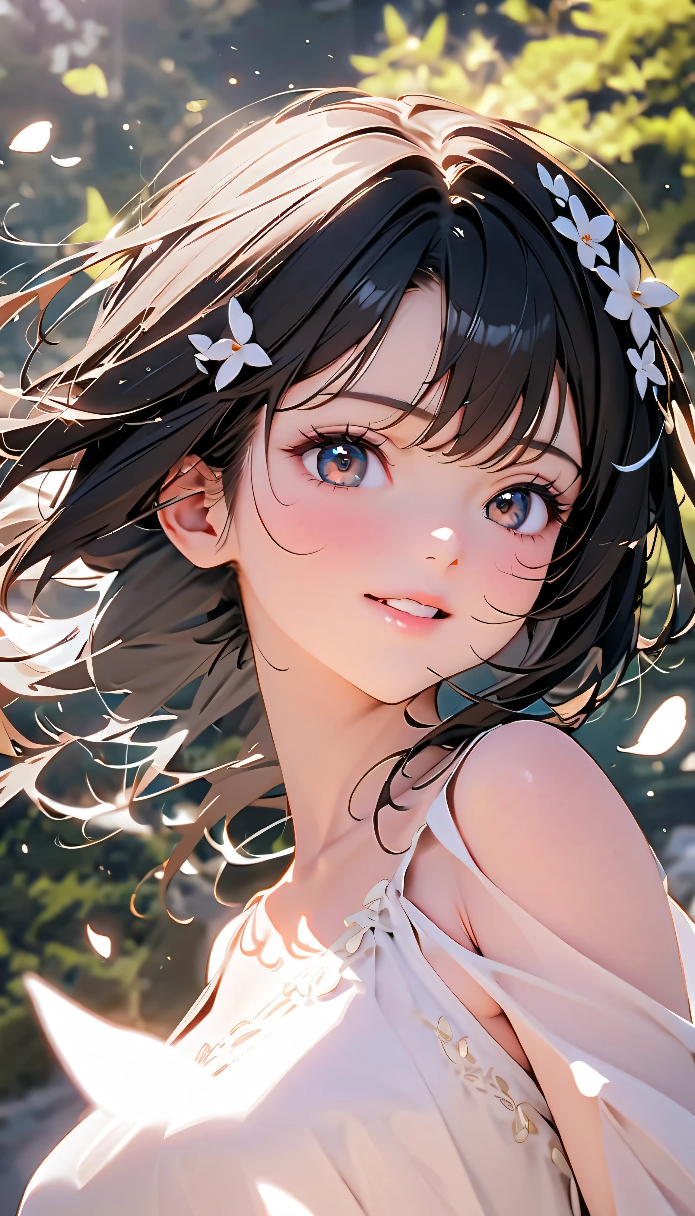 (Highest Quality:1.2, 非常にdetailsな, newest, Highest Quality, Best Aesthetics), 8K Ultra HD, 非常にdetailsな, details, Bold composition, (perfect human structure), beautiful and very delicate texture, (energetic, Digital Coloring, high contrast, masterpiece:1.2, Highest Quality, Best Aesthetics, wind), (white petals dance:1.2, ファンタジーのwind景:1.4), white petal background, delicate and dynamic, fantastic, Romantic and sweet style, コンセプトアートwind, Blessed Virgin Mary white dress, bright light, Beautiful World, New World, そよwindで舞う, accurate, dynamic angle, angel, 1 woman, upper body shot, black hair, young, textured skin, shiny skin, charming smile, Girl Beauty , Miraculous Beauty Symbol, (((White Flower Hair Accessory, white flower dress :1.2))), 2.5d, realistic