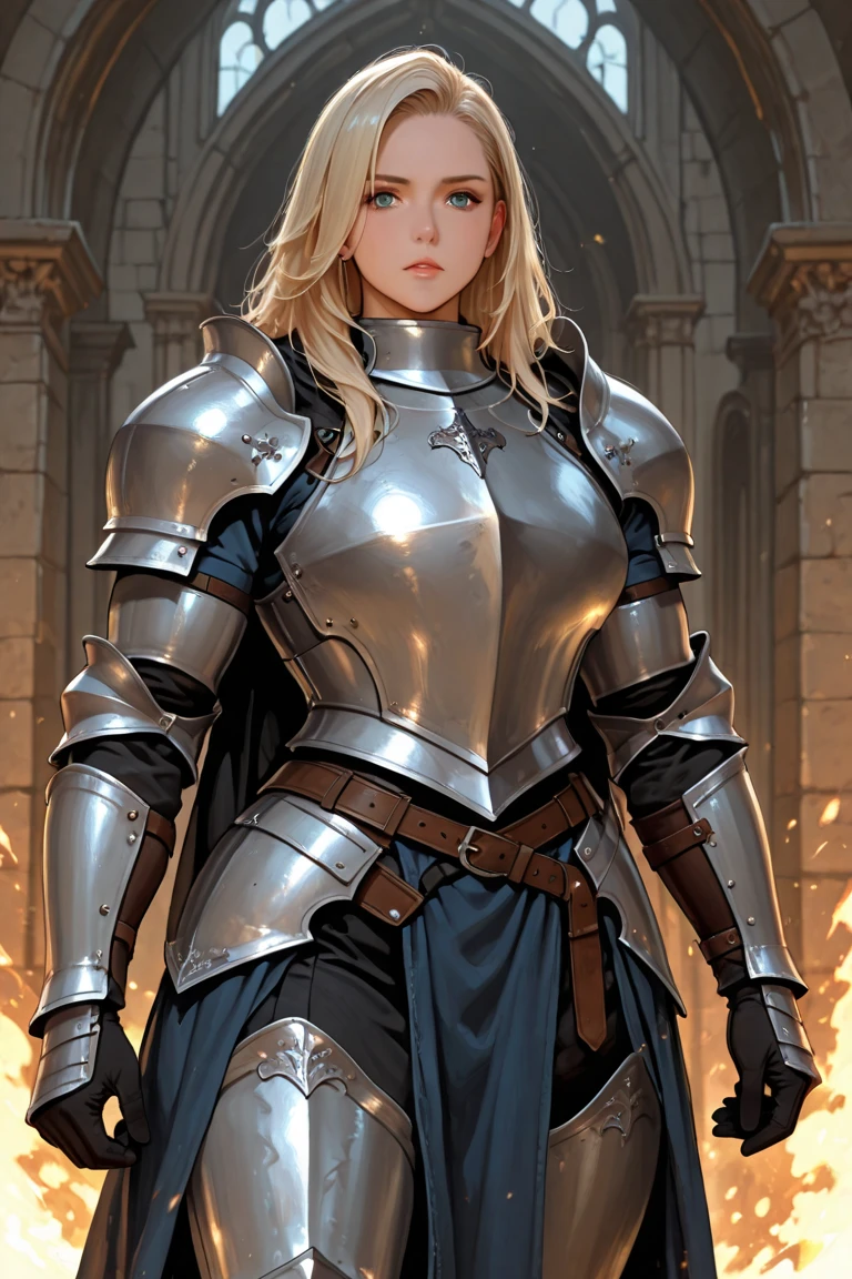 masterpiece, best quality, highres, 1girl, realistic, black blindfold, White hair, armor, heavy armor, large armor, medieval armor, Sword, sword in hand, plate armor,