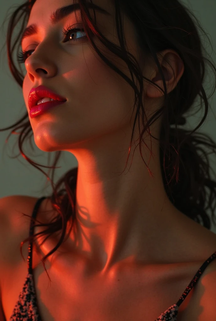 neon eyes, wet hair, wet drops on the face. Portrait of Lucy Pinder, sexy face, bitten lips, boca, language, sexy, Seductive, Hyperrealism, photorealism, 7k better , Whole body, nude, naked , medium breasts and wide hips