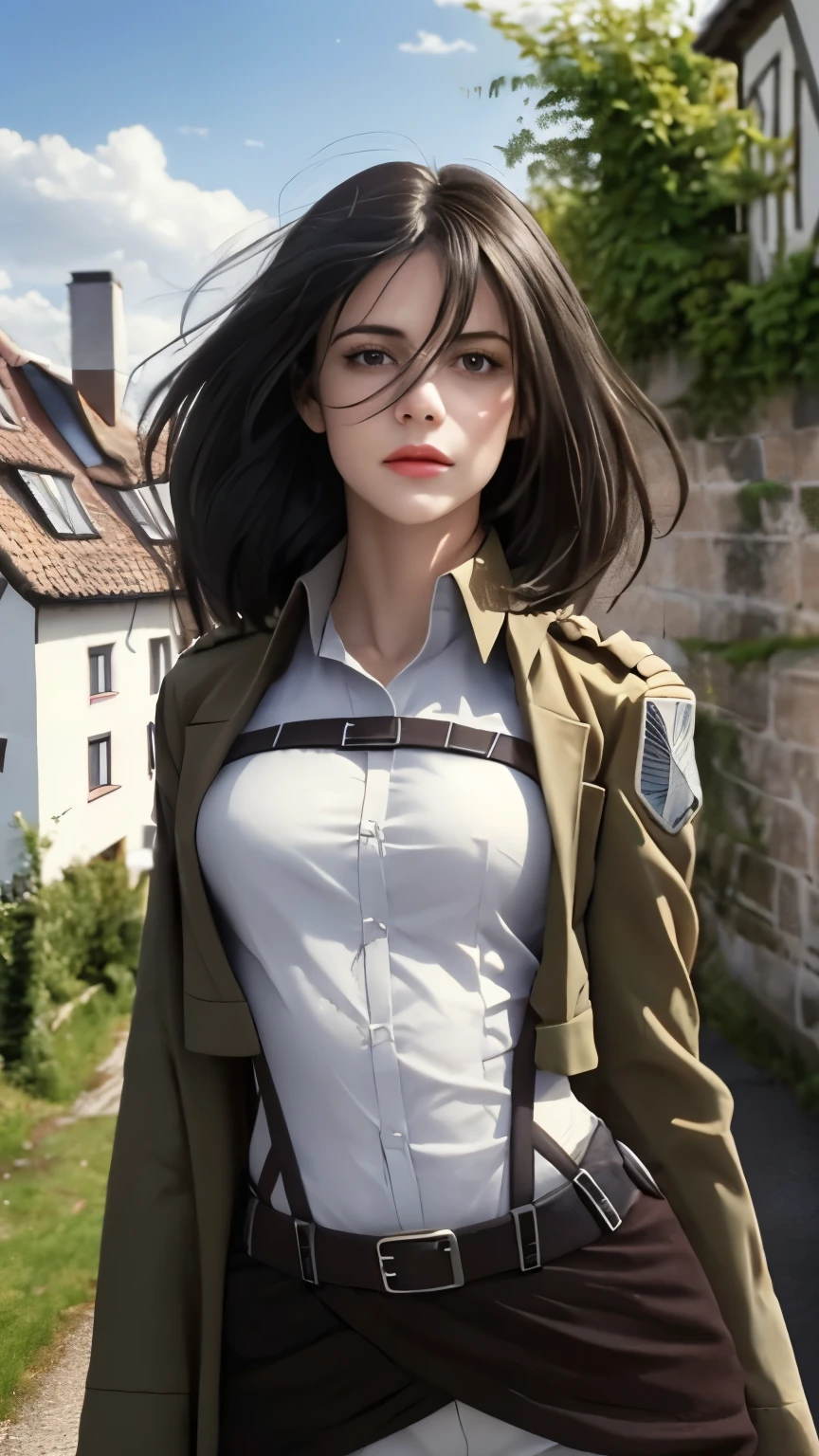Generate image of one beautiful girl, beautiful hair, realistic, high quality, (masterpiece: 1.5), highly detailed, detailed eyes, Mikasa, in her military uniform, image from head to thighs,background: standing on the terrace of mediaeval houses of germany, terrace view of mediaeval period, 
