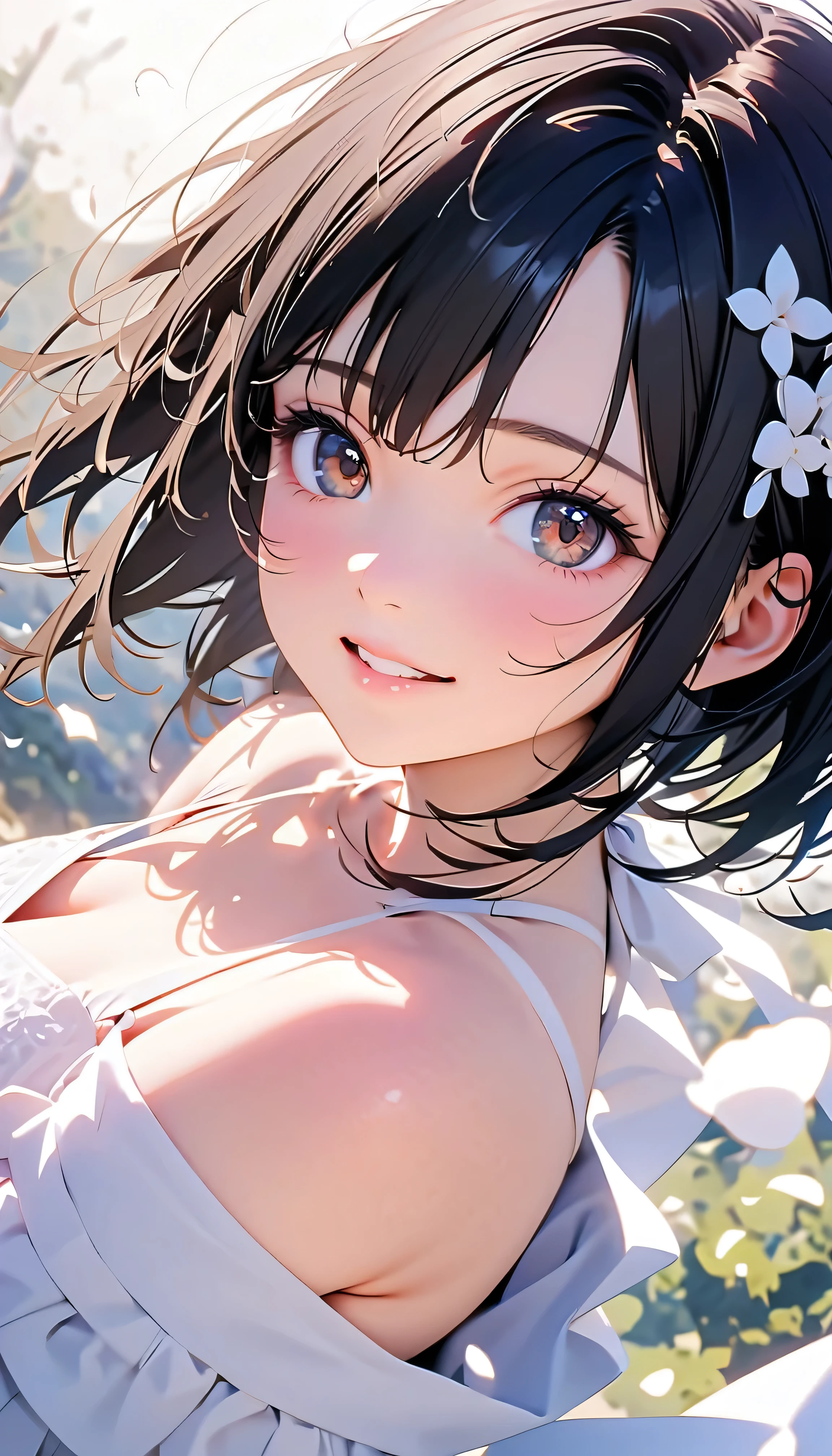(Highest Quality:1.2, 非常にdetailsな, newest, Highest Quality, Best Aesthetics), 8K Ultra HD, 非常にdetailsな, details, Bold composition, (perfect human structure), beautiful and very delicate texture, (energetic, Digital Coloring, high contrast, masterpiece:1.2, Highest Quality, Best Aesthetics, wind), (white petals dance:1.2, ファンタジーのwind景:1.4), white petal background, delicate and dynamic, fantastic, Romantic and sweet style, コンセプトアートwind, Blessed Virgin Mary white dress, bright light, Beautiful World, New World, そよwindで舞う, accurate, dynamic angle, angel, 1 woman, upper body shot, black hair, young, Textured Skin, shiny skin, charming smile, Girl Beauty , Miraculous Beauty Symbol, (((White Flower Hair Accessory, white flower dress :1.2))), 2.5d, realistic