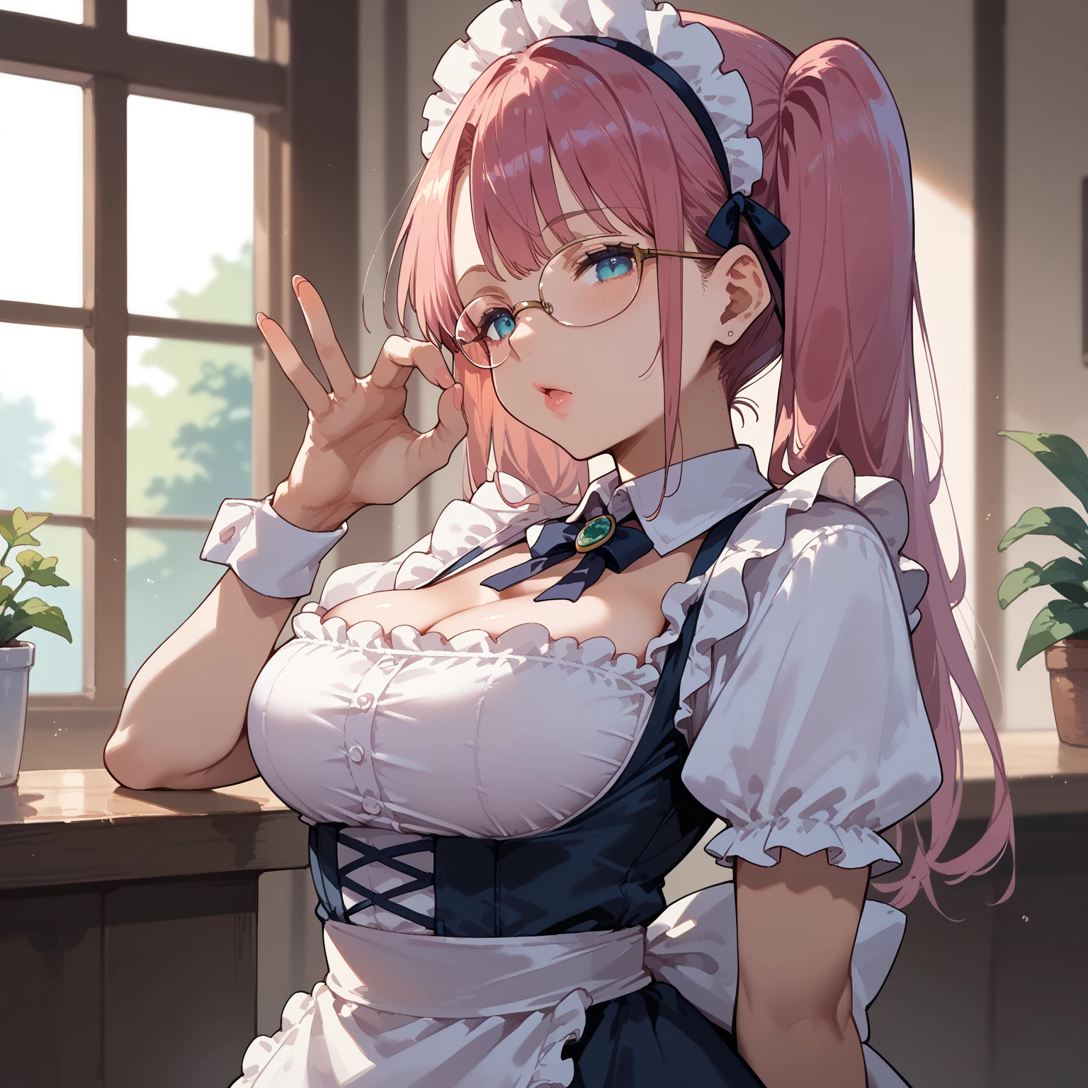 score_9, score_8_up, score_7_up, source_anime, 1girl, pink hair, pink eyes, pigtails, cat ears, small breasts, eyeglasses, micro bikini maid, headdress, blouse, skirt, apron, areola, cheeky face, light smile, private room, mansion,