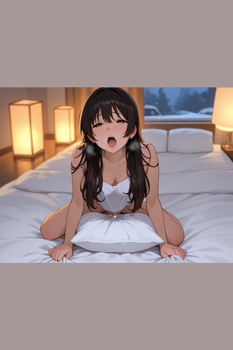 ((highest quality, High resolution,8K)), 1 girl, high school student, beautiful girl, ((brown hair, curly hair:0.8)), (detailed face),  (beautiful eyelashes, realistic eyes), (embarrassing, blush:1.3, ???????:1.5, Last:1.5, so stupid:1.4), drooling:1.3, open your mouth, ((orgasm:1.5)),close your eyes, ((smooth texture:0.75, realistic texture:0.65)), medium breasts, perfect body, (sex:1.5, Normal position:1.5), squat, spread your legs, Wet:0.8, Sweat:1.2, vapor:0.3, on the bed