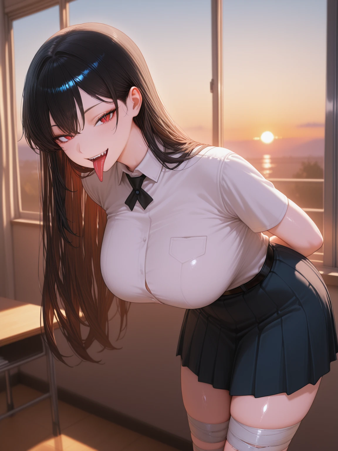 1girl, office, ((shirt)), (angry), ((hourglass figure)), black tights, (from above), looking at viewer, ((thick thighs)), ((pussy)), ((lingerie)), nipples, (sitting), ((cum in mouth))