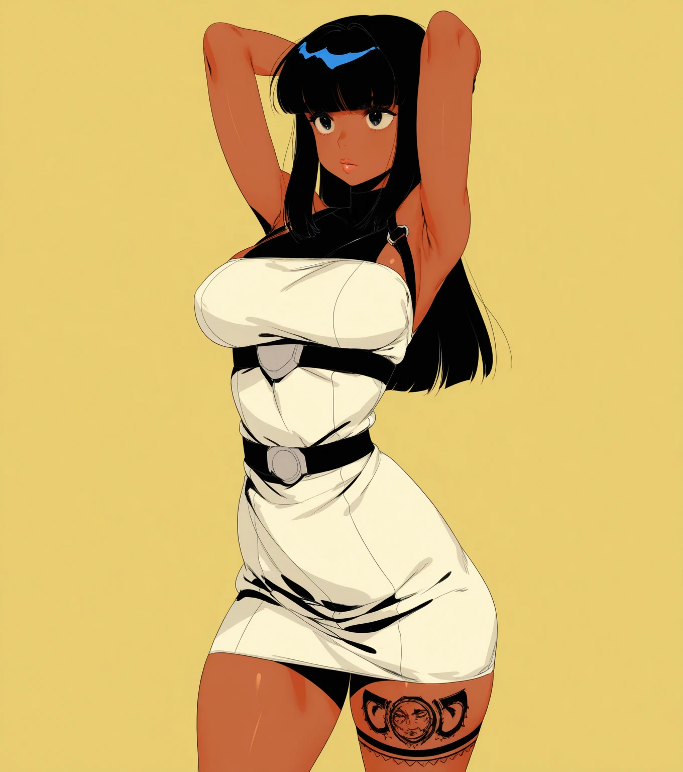 balsamique, masterpiece, best quality, 1girl, breasts, solo, desert, long black hair, twintails, white skin, blue eyes, medium bust, bikini top, black scarf, sandstorm, looking to the side, shading eyes, miniskirt, womb tattoo