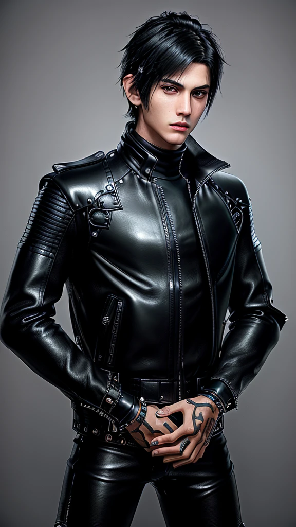 korean idols, The background is space.,
Young man number 1, oval face, black leather jacket, dark blue hair, 184 cm tall, , big cock.