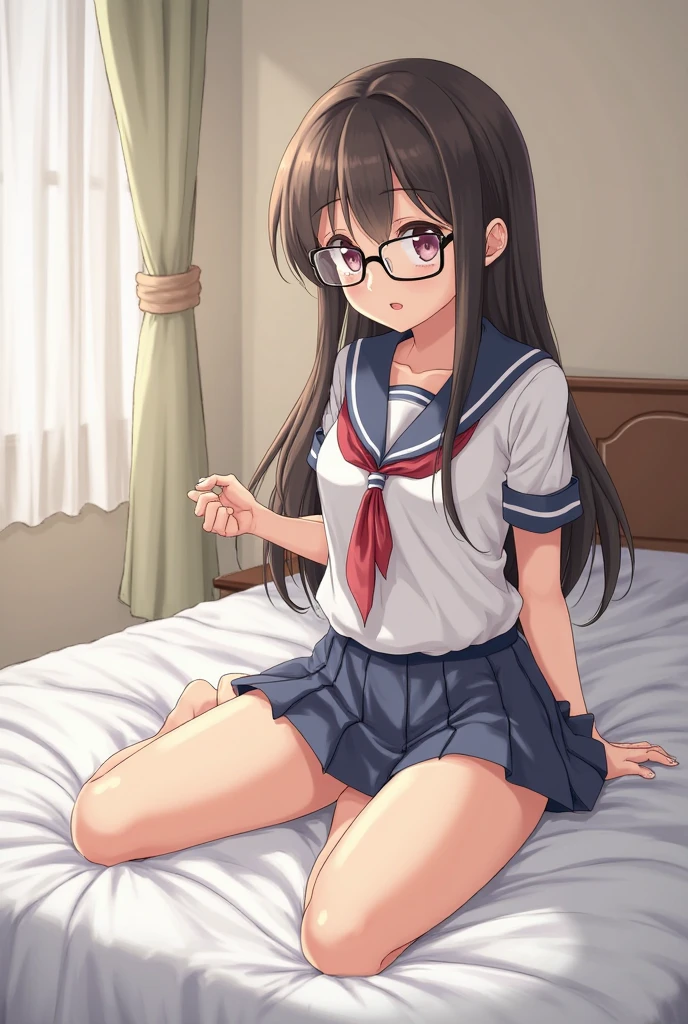 cute little、Amazing beautiful girl, Anime style, 、17 age、on the bed、A dark-haired、Straight hair、Glamour、Colossal tits、de pele branca、wide-open legs、Very embarrassing、red blush。 Best Quality , Textured skin、 high details, High quality,Semi-long hair、No shoes,I can see the belly button、nudde、fullnude,pubick hair、Black short socks、Pubic area、 hair,Open the crotch,、Tsurime,Troubled face、Anime-style eyes,Anime-style nose,Anime-style mouth、lie on one's side、Turn your pubic area towards me、Tears,eye glasses、Sailor Suit Jacket,There are highlights in the eyes、The pubic area is open、I want you to lick my pubic area、I want you to smell my pubic area、narrow her eyes