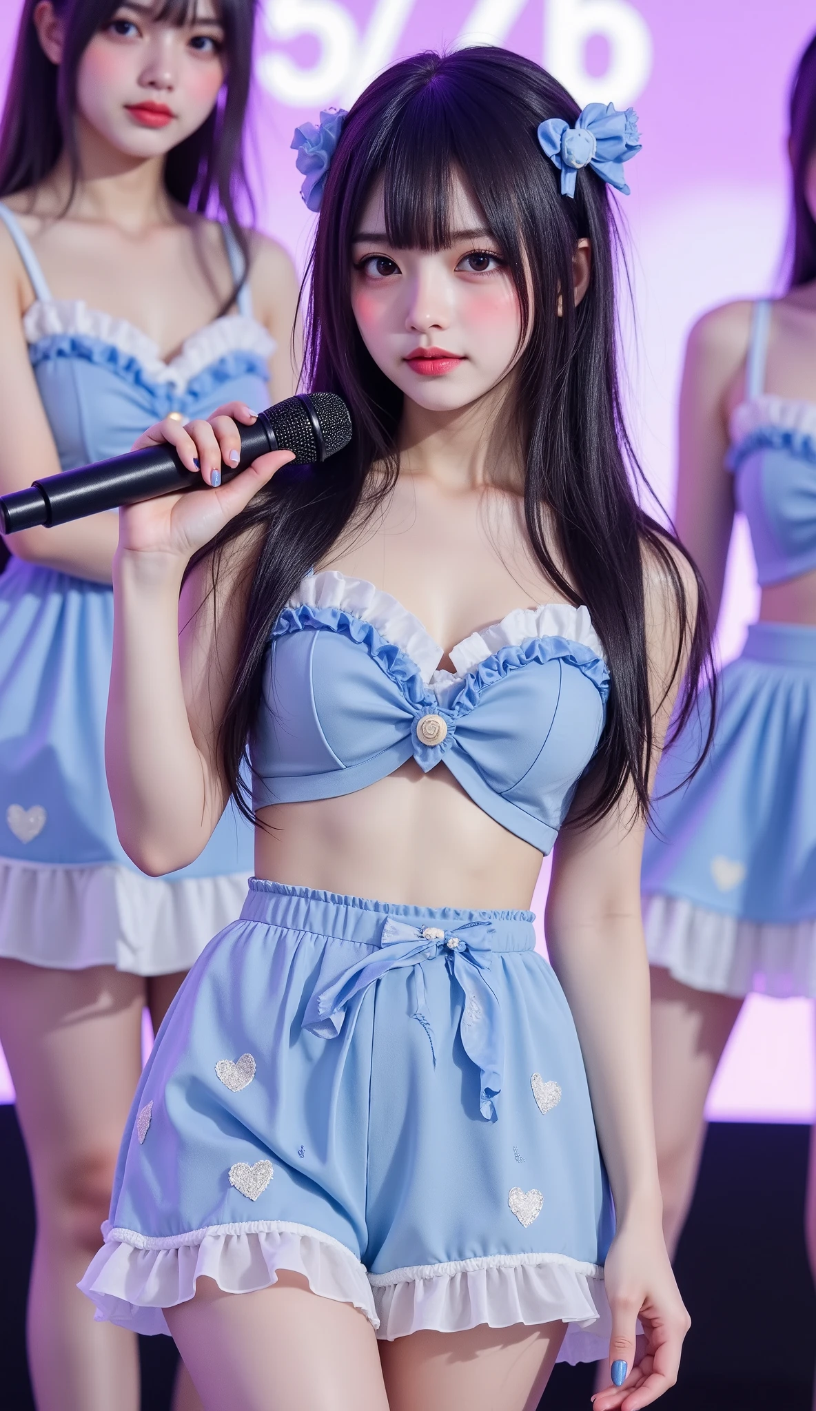 (12yo),masterpiece,(Bunny ears:1.2), (best quality1.2),(ultra detailed:1.2)1girl,big stage, (crowd:1.3),smile, live stage, hair ribbon, (leotard:1.2) with frilled sleeves and a frilled hemline for a girly, feminine touch. Use a light, airy fabric in a pastel shade like baby blue or pale pink to really make the frills stand out.. (best quality: 1.3), ,cowboy shot, ((medium breasts)) shirtlift, open legs