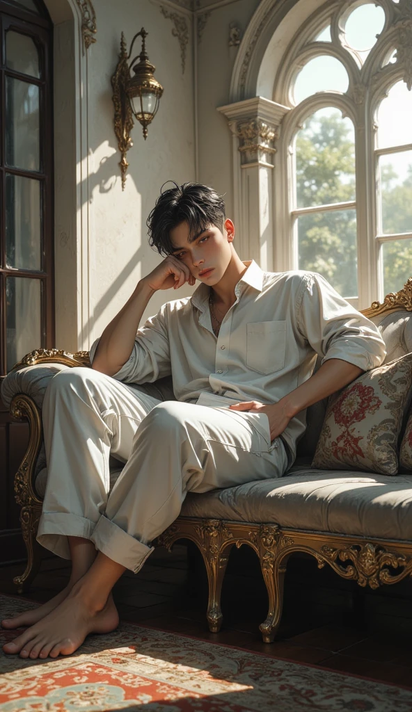1boys，White color blouse，short detailed hair，long sleeves shirt，Gucci belts，black necktie，Wear formal attire，Lower suit pants，leather shoes，Buckle the left hand and clasp the right wrist，A relaxed and languid state，Overbearing president，best qualtiy，（Realiy，Foto realism：1.4），tmasterpiece， Extremely Delicately Beautiful，extremely higly detailed，2k wallpaper，astounding，finedetail，extremely detaild的 CG unified 8k wallpapers，Super meticulous，A high resolution，the soft light，Handsome boy，extremely detailed eyes ancface，Beautiful detailed nose，Handsome and delicate eyes ,In a dimly lit room，The room was simply decorated，Recline on the sofa，Long legs are stretched out at will