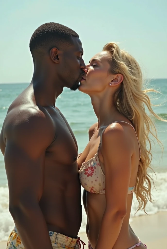 Magnificent detail, 8K Photos, hyper- realism, realistic background, visual depth, wide angle lens, professional light. photo of coasts {Boudoir shoot of a beautiful 23 year old woman, natural blonde, white-skinned, dark blue eyes, kneeling on the floor, making a bun in her hair. She is facing a tall, strong, muscular black man., who wears only white underwear that highlights the volume of his enormous penis. Black man pov.