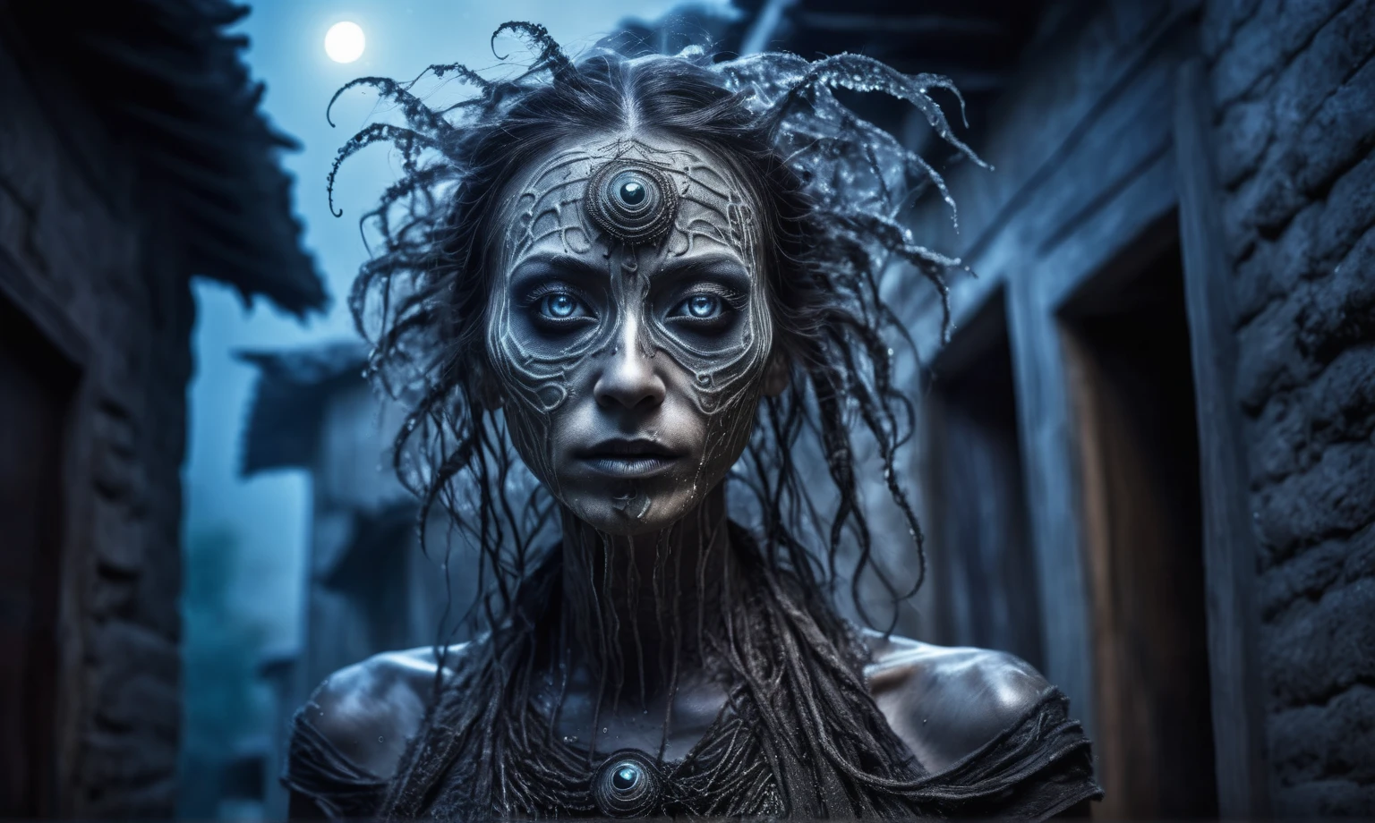 full body length shot,beggar niobium graphite mummy of Alien Entity,native africa spidergirl,modern azctec city,Cinematic,soft colors, Technicolor,natural skin textures,sunset, hyper realism, hyper detailed,Extremely detailed,High contrast,Masterpiece,Realistic,Ultra Detailed, intricate details,realistic humid leather,extremely intricate,Epic Realistic, cinematic style, irina yermolova,high contrast,hdr,extremely detailed, [deep night landscape],masterpiece, intricate details, eyes extremely detailed, high detailed eyes,8k resolution,retina, Nikon Z9,Korea,orc,Guangxi Zhuang of Italia, Pisces, transition between two art styles, Double contact, X-ray, Creative, vivid light, fantasy, Abstract, Surrealism, super detailed, high resolution, trap against fairies between houses in air,insanity wear,Her skin is pale, almost translucentgothic elements, further emphasizing its dark air. is portrayed as a haunted and tormented entity,Mestichino,Light particles,chaos,jellyfish's leather
