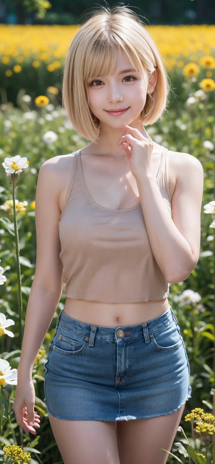 8k, best quality, ultra high res, (photo realistic:1.4), (Japanese famous actress:1.3), very beautiful, kawaii, cinematic, professional photograph, an extremely delicate and beautiful, extremely detailed, extremely detailed beautiful girl, extremely detailed face, extremely detailed eyes, extremely detailed skin, extremely detailed fingers, extremely detailed nose, extremely detailed mouth, perfect anatomy, realistic body, fair skin, shiny skin, slender body, good figure, looking at viewer, blond hair, short hair, sunflower field, (Tanned skin:1.4), Black Gal, tube top, crop top look, shorts, straw hat, dynamic lighting, light particle, sunlight, shadow, full body, armpit, naughty smile, barefoot, (with 15mm:1.5),