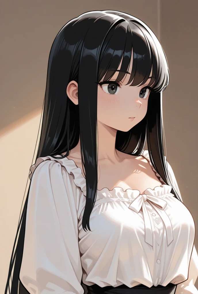 1girl, black_hair, breasts, cleavage, curtains, earrings, front-tie_top, jewelry, large_breasts, lips, looking_at_viewer, shirt, solo, tied_shirt, upper_body, white_shirt