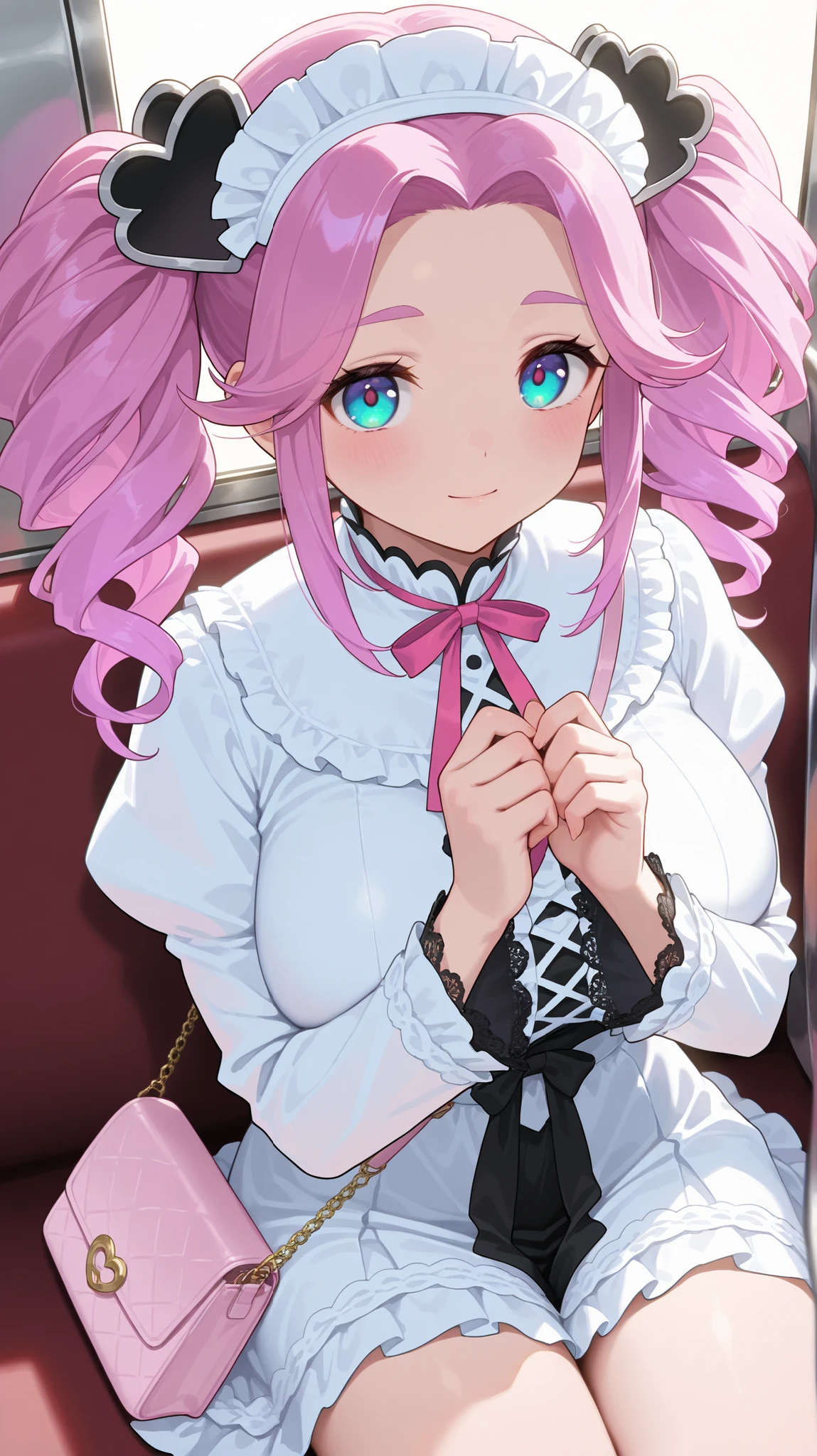 (master piece, professional quality, high resolution, 8k, ultra detailed,) shikoku metan, from above, cowboy shot, train, sitting elegantly, Put over hands together light-pink handbag, Place the bag on your crotch, looking at viewer, light smile, blue gradient eyes, smooth skin, pink hair, head dress, large breasts, white dress, pink ribbon, long sleeves, black lace trim, dynamic lighting, high brightness, subtle shadows, Inside a crowded train,
