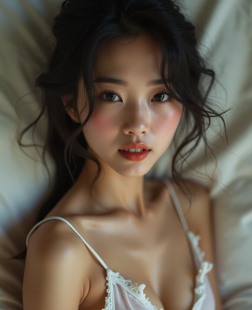 Metallic color painting capturing photography show bratty girl lying on a bed covered with a white lace fabric ,red flower,close-up , (black hair with red streaks), (perfect face), beauty, (lying down) realistic, detailed, hd