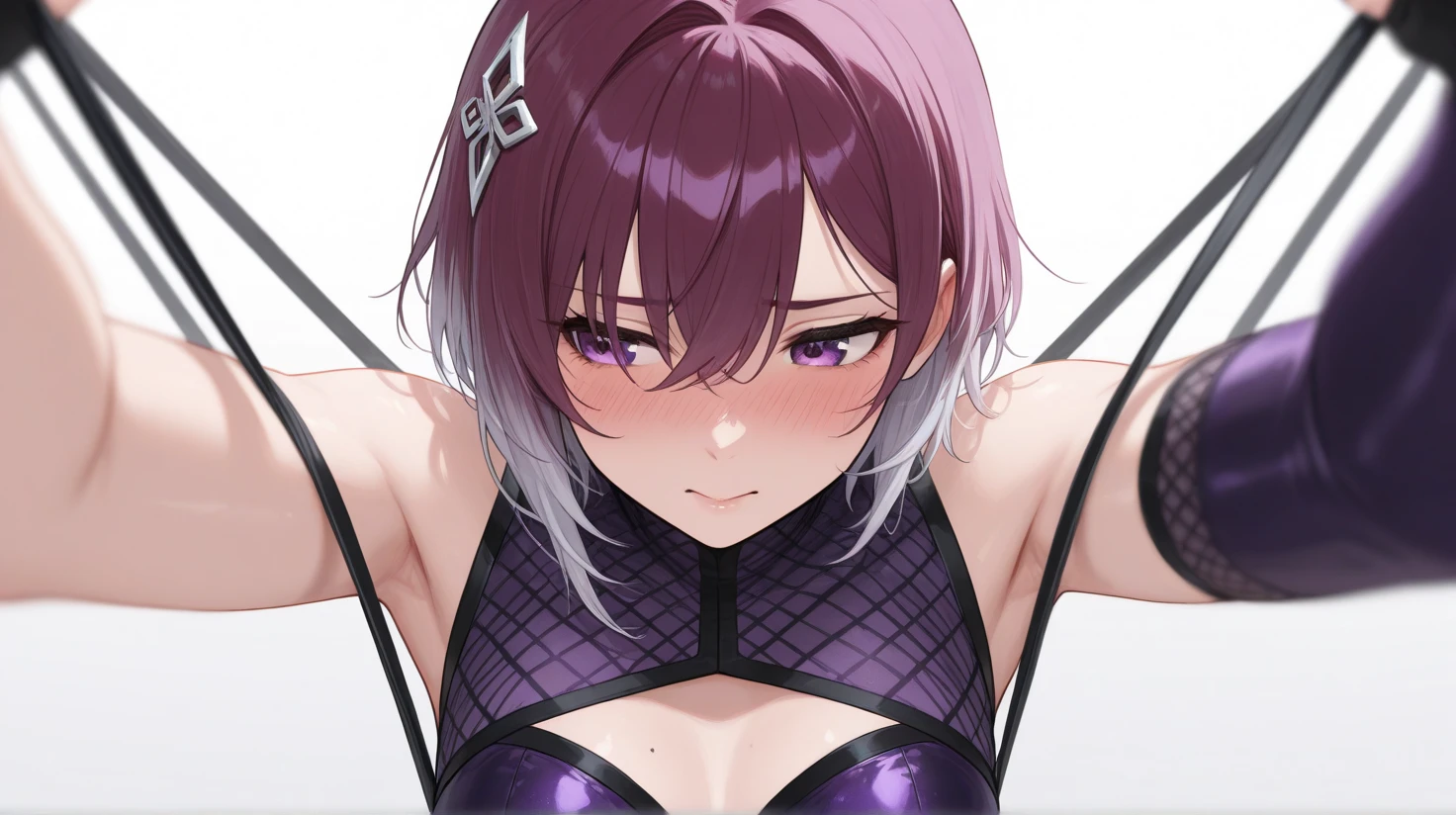 Anime Girls、18-year-old、Lick a realistic penis 、Purple short ponytail hair、Big red ribbon、Yellow Eyes、Glare、Slim figure、small 、Black choker、Full nudity、Red High Heels、Face close-up、Accurate human body、