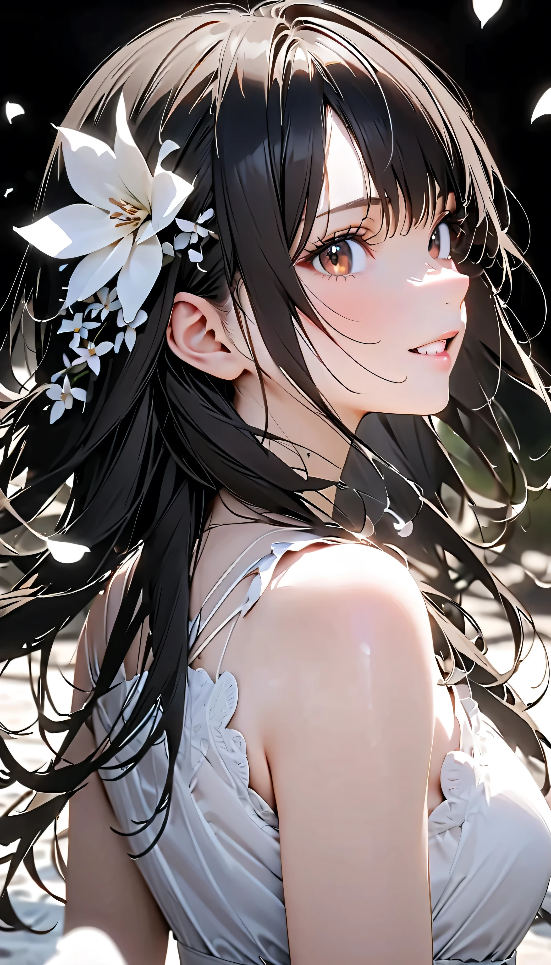 (Highest Quality:1.2, 非常にdetailsな, newest, Highest Quality, Best Aesthetics), 8K Ultra HD, 非常にdetailsな, details, Bold composition, (perfect human structure), beautiful and very delicate texture, (energetic, Digital Coloring, high contrast, masterpiece:1.2, Highest Quality, Best Aesthetics, wind), (white petals dance:1.2, ファンタジーのwind景:1.4), white petal background, delicate and dynamic, fantastic, Romantic and sweet style, コンセプトアートwind, Blessed Virgin Mary white dress, bright light, Beautiful World, New World, そよwindで舞う, accurate, dynamic angle, angel, 1 woman, upper body shot, black hair, young, Textured Skin, shiny skin, charming smile, Girl Beauty , Miraculous Beauty Symbol, (((White Flower Hair Accessory, white flower dress :1.2))), 2.5d, realistic
