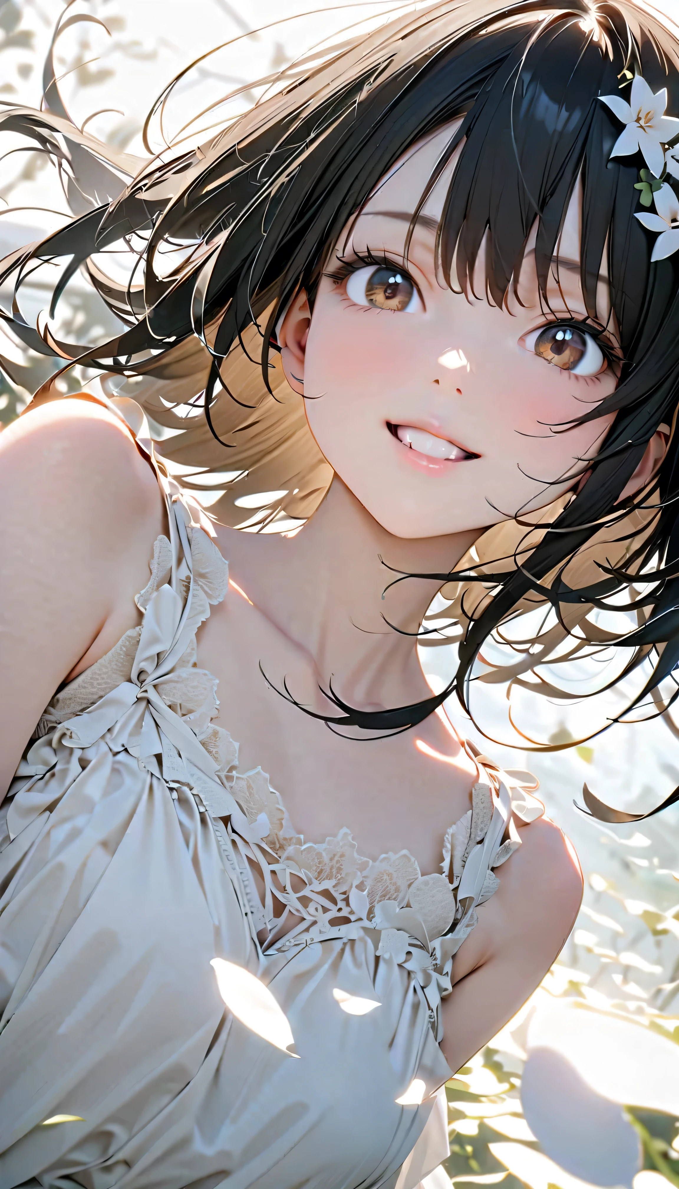 (Highest Quality:1.2, 非常にdetailsな, newest, Highest Quality, Best Aesthetics), 8K Ultra HD, 非常にdetailsな, details, Bold composition, (perfect human structure), beautiful and very delicate texture, (energetic, Digital Coloring, high contrast, masterpiece:1.2, Highest Quality, Best Aesthetics, wind), (white petals dance:1.2, ファンタジーのwind景:1.4), white petal background, delicate and dynamic, fantastic, Romantic and sweet style, コンセプトアートwind, Blessed Virgin Mary white dress, bright light, Beautiful World, New World, そよwindで舞う, accurate, dynamic angle, angel, 1 woman, upper body shot, black hair, young, Textured Skin, shiny skin, charming smile, Girl Beauty , Miraculous Beauty Symbol, (((White Flower Hair Accessory, white flower dress :1.2))), 2.5d, realistic