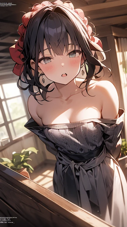 (from above:1.2),(from side:0.6),(Close-Up:0.4), (A masterpiece of image quality in 8K),(Beautiful Allafed Woman),(((emphasizing breasts:1.1))),(Dynamic angles),(Dynamic and sexy bending pose:1.3),(sit a chair:1.2),(Short hair in shiny silver and orange inner colors,small full breasts,Disturbance of clothing due to movement,breast slip,(Ponytail twisted buns adorned with elaborate braids and beads,Braided Setup Fishbone Hair:1.2),(see-through bangs),small breasts,(((A brown lace apron that shows your bare skin from under your small breasts.......)))、garters,Blush with embarrassment、Enraptured eyes、 little open mouth,A smile that beguiles the viewer、(Look back:1.2)、Look into the photographer,skin glistening with sweat,gazing at viewer,,(Professional Lighting),(masutepiece,top-quality,Ultra-high resolution output image,),(Ultra HD with complex detail image modes),depth of fields,Beautiful hands,Beautiful fingers,Detailed finger features,(Detailed hair features:1.7),detailed facial features,detailed clothes features,
