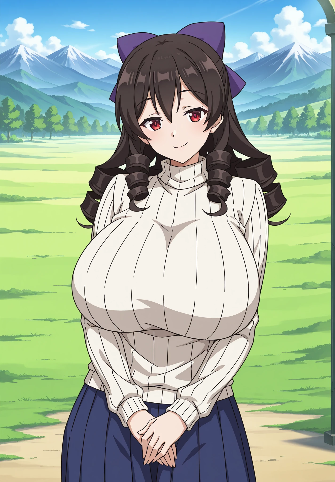 masterpiece, best quality, 1girl, forest, brown hair, long hair, fox ears, brown eyes, cute, blushing, (fully dressed, medieval villager clothes, long sleeved buttoned shirt, tight skirt, thigh highs:1.4), (slim waist, curvy, big breasts, bursting breasts, button gap, wide hips, huge thighs:1.1)