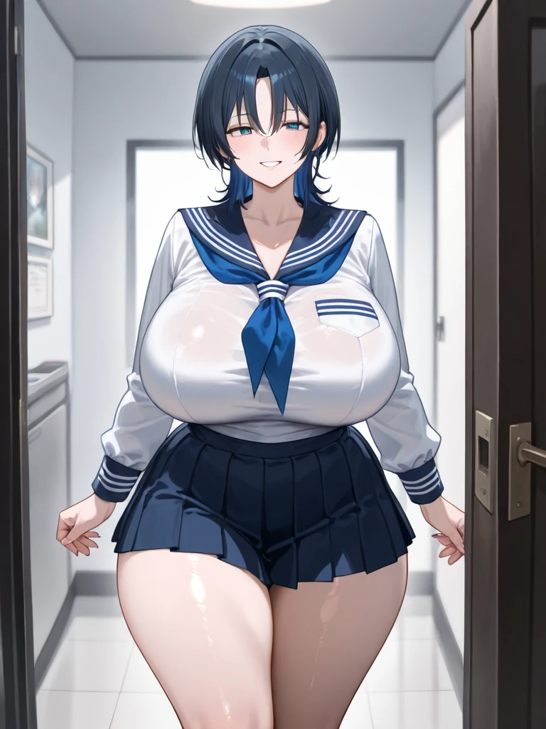 (Perfect body),Best Quality,(8K Portrait),(anime screen cap)、(NSFW)、(Police Hat)、((Police Woman)),blush,Sweat,(((large udder)))、((bulging nipple))、(Dark hair),((bob cuts))、Yellow eyes,(((thick thighs))),((Navy Blue Micro Bikini))、((A smile))、showing teeth、one eye closed、From below、(Hands behind the body)、(((Surprised)))