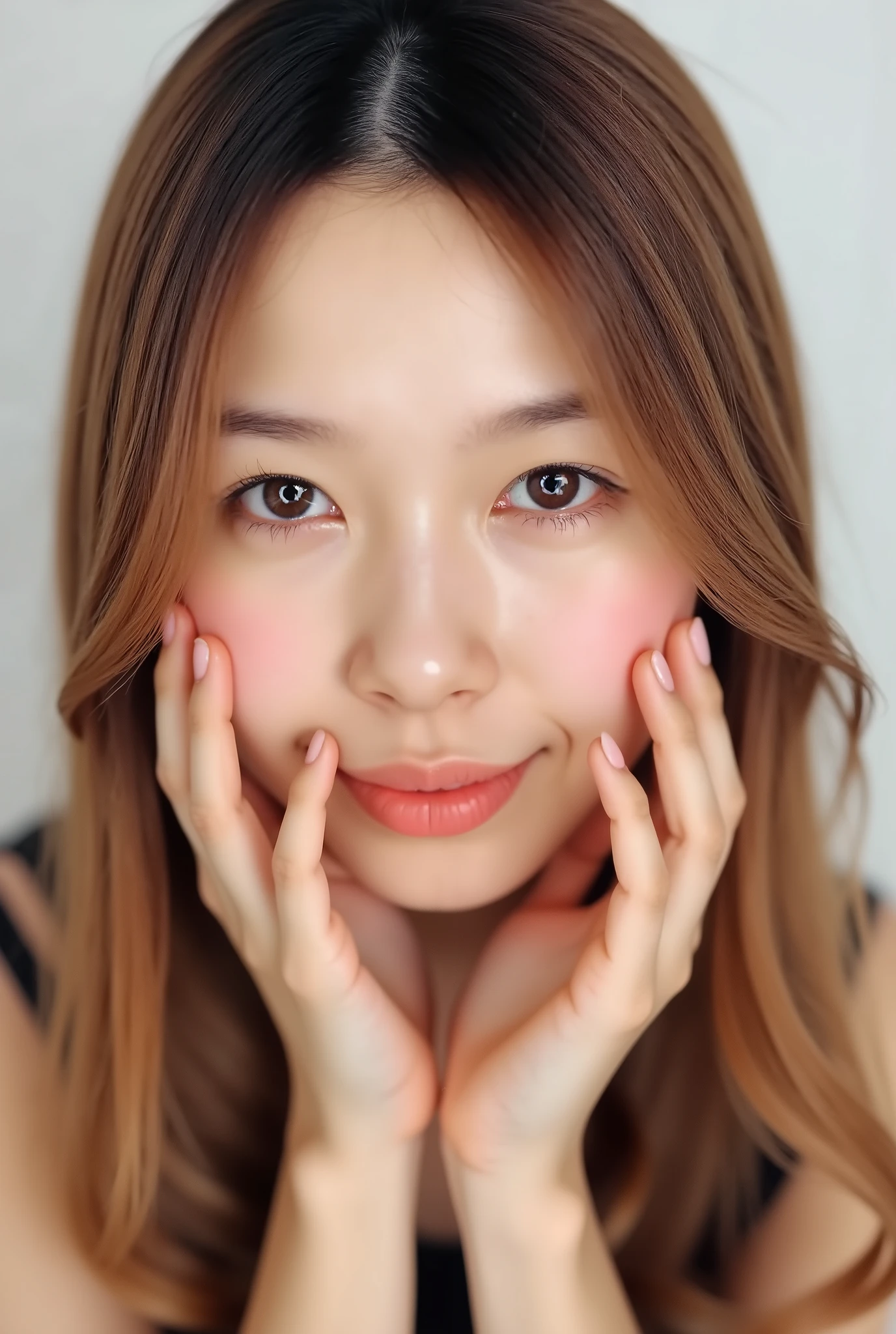 extreme close-up portrait, beautiful girl with her love-struck, radiant face filling the entire frame (95% face ratio), gently placing both open hands on her flushed cheeks with soft fingers, soft black camisole, white blurred background, eyes dreamy and half-lidded, deeply adoring gaze fixed straight at the viewer, irises ultra-detailed with intricate rainbow reflections and glowing catchlights, moist and sparkling eyes as if about to tear up from overwhelming joy, soft melting smile revealing slightly parted lips and upper teeth, skin with visible soft pores, realistic skin texture with warm lighting and subtle shadows, delicate eyelashes, glossy lips with natural highlights, cheeks glowing with deep blush, cinematic soft lighting, lifelike expression full of romantic euphoria, overflowing with happiness, warmth, and pure affection, subtly tilting her head as if whispering a name in total bliss, ultra photorealistic, masterpiece, 8K, hyperreal detail, skin pores, detailed iris texture, cinematic mood
