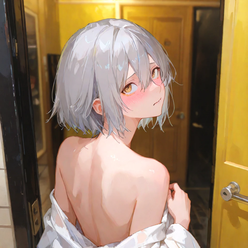 1 girl,White cat ears,Gray Hair,Short Hair,Blue Eyes,Blushing,Small breasts, completely nude,BREAK (Coarse pubic hair:1.3),Pubic hair,BREAK (fullface brasched:1.3),From the waist up,standing,BREAK masterpiece,best quality,super detailed,super fine illustration,BREAK お風呂, detailed background