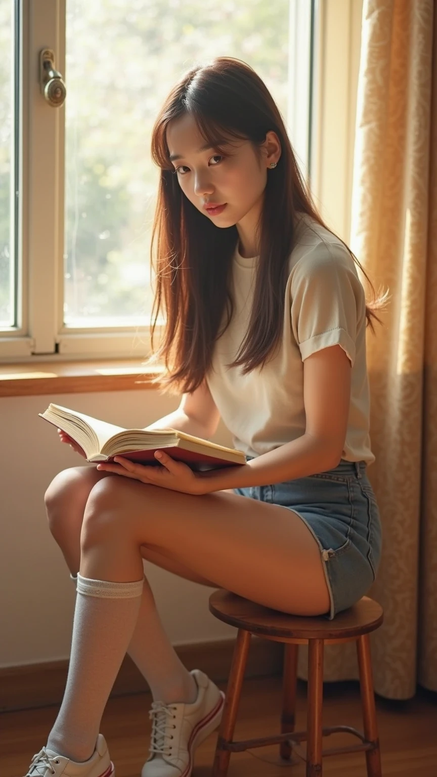 Portrait of beautiful girl, sitting cross-legged on bed, full body, (headphone), reading book, concept art, (student), pinterest, arts station, art by lou ll